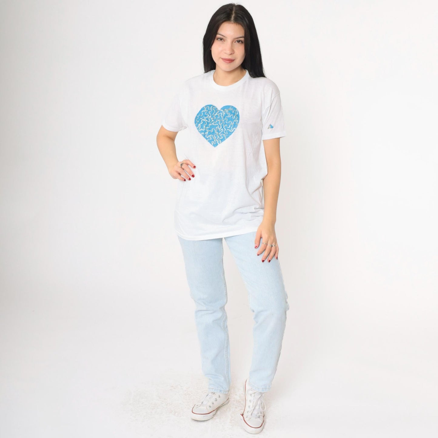 80s White Heart Glitter Hand Painted T-Shirt Single Stitch Crewneck Medium M