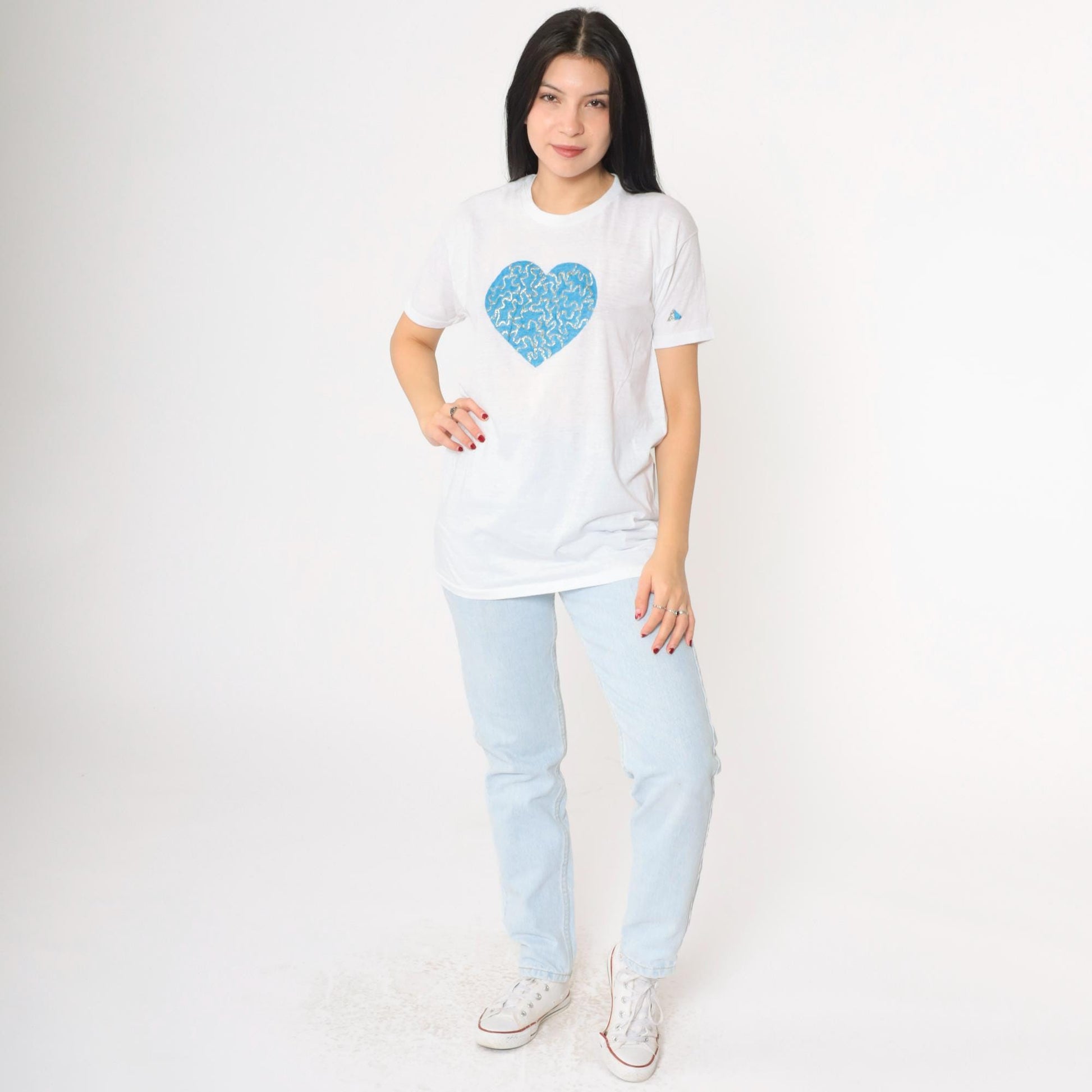 80s White Heart Glitter Hand Painted T-Shirt Single Stitch Crewneck Medium M
