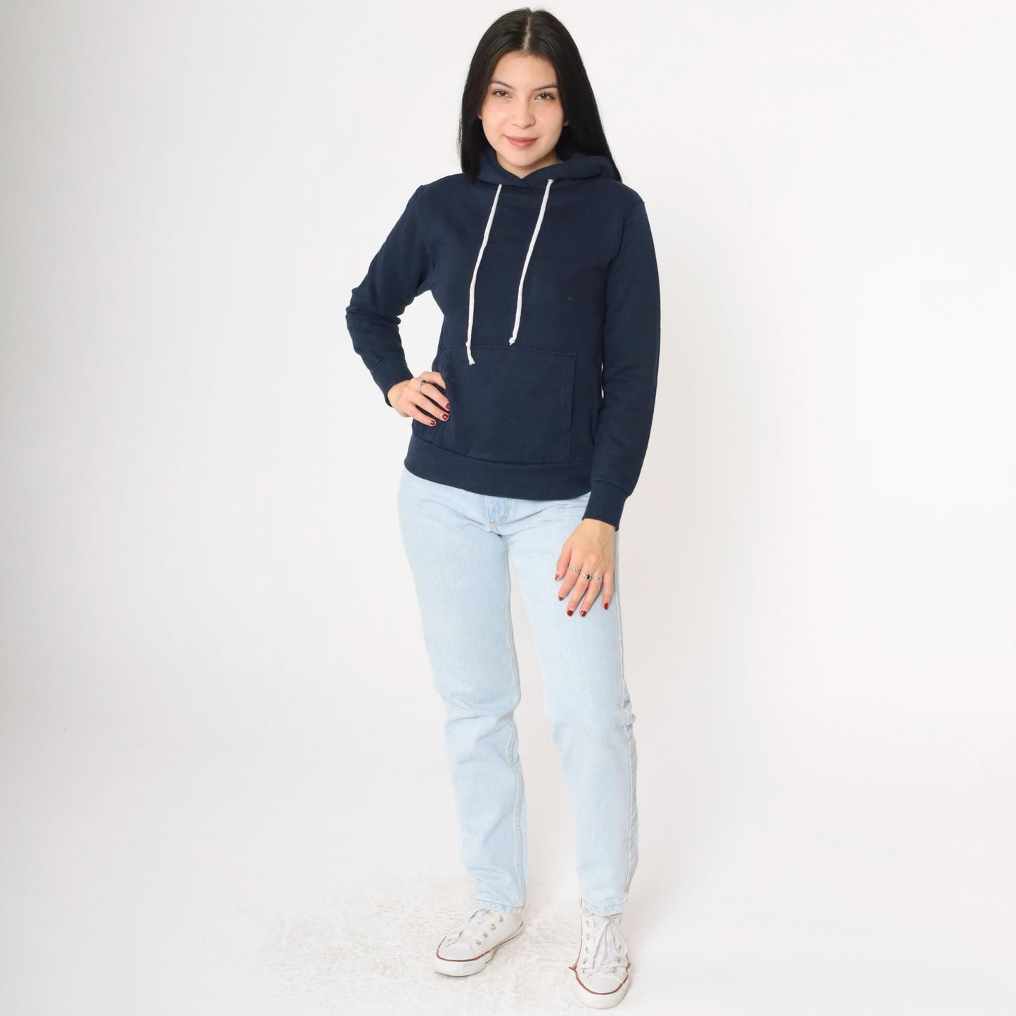 80s Navy Hoodie Sweatshirt Kangaroo Pocket Drawstring Extra Small
