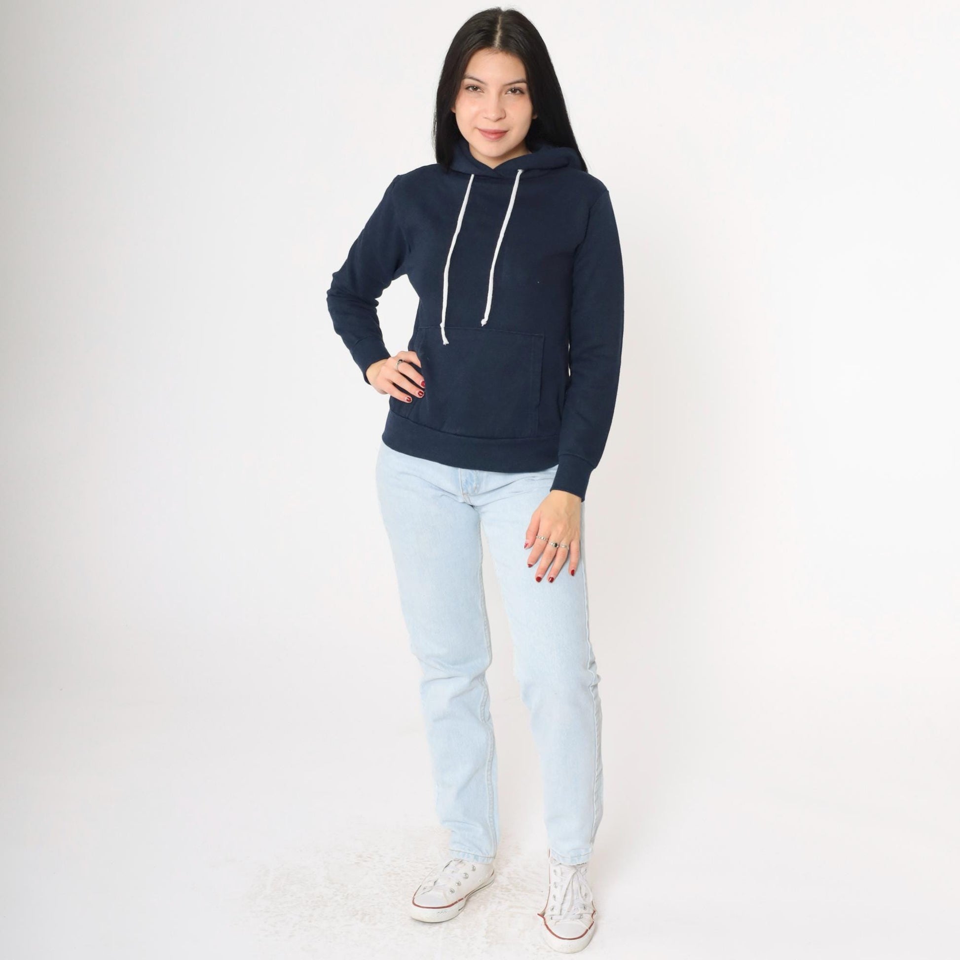 80s Navy Hoodie Sweatshirt Kangaroo Pocket Drawstring Extra Small