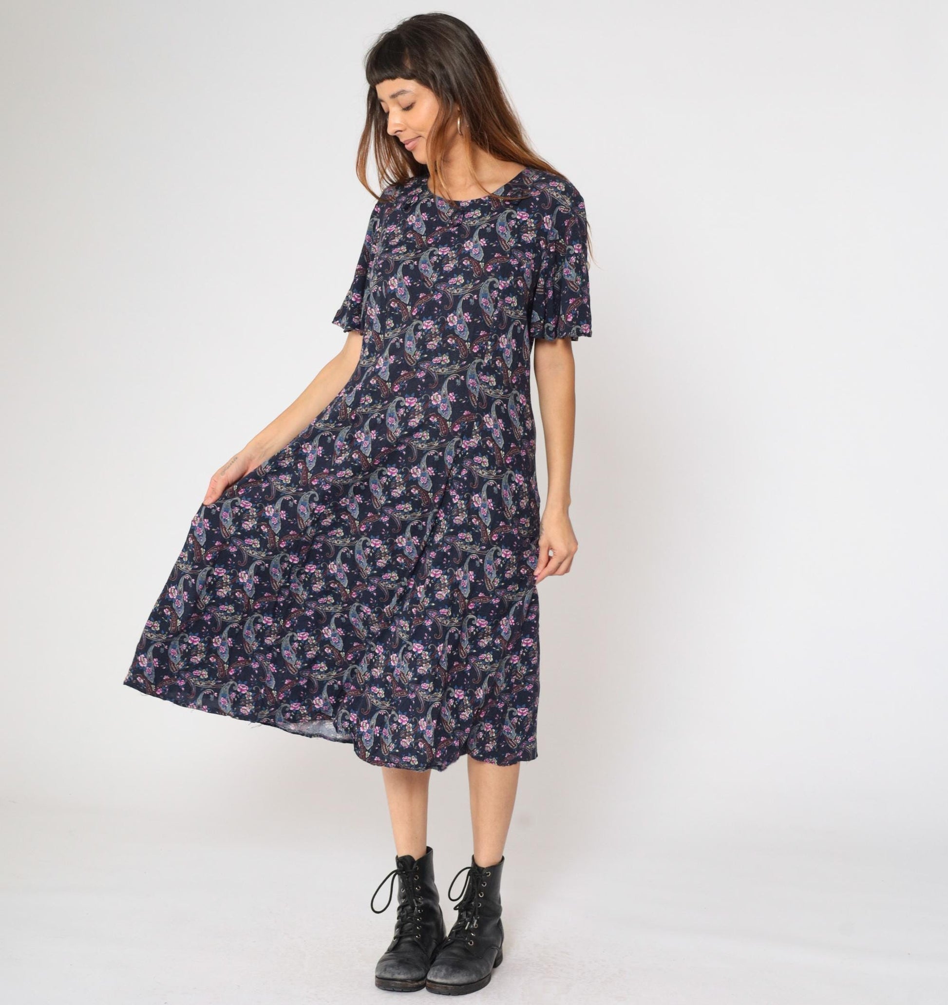 90s Kathie Lee Paisley Floral Midi Dress Dark Blue Rayon Princess Seam Medium Large