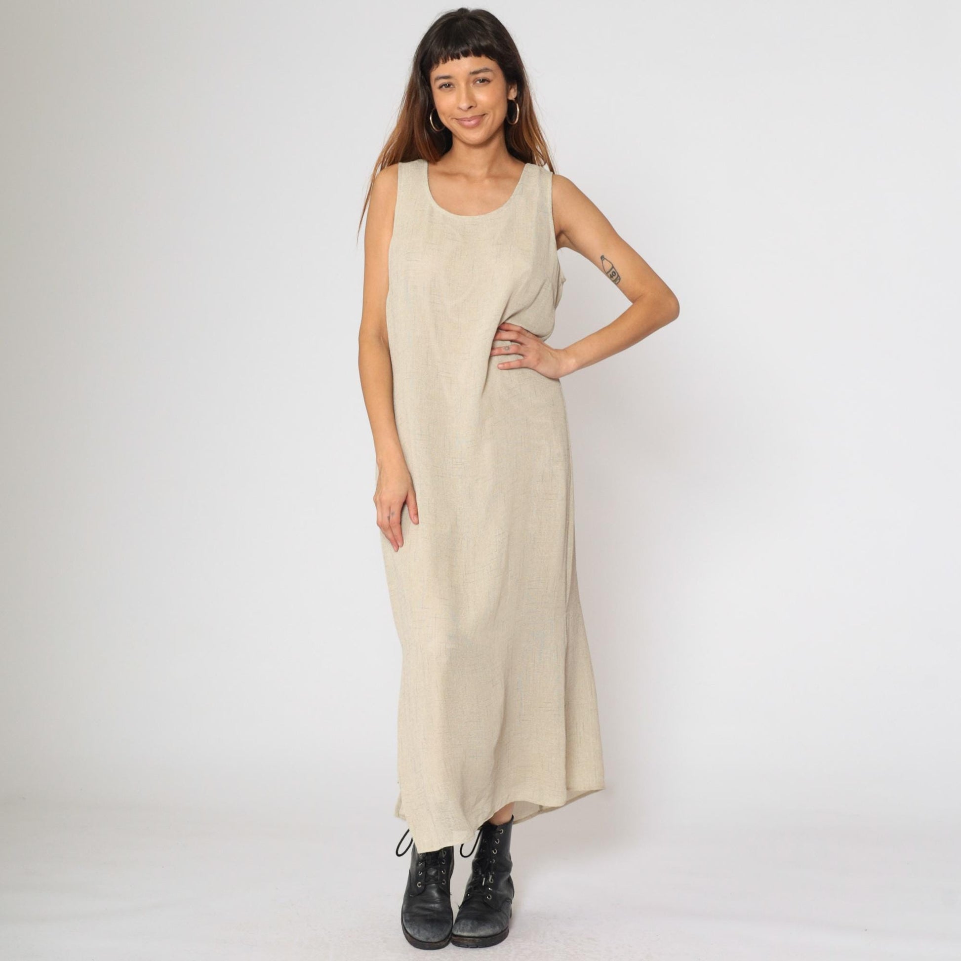 90s Dressbarn Beige Maxi Dress Sleeveless Scoop Neck Side Slit Large