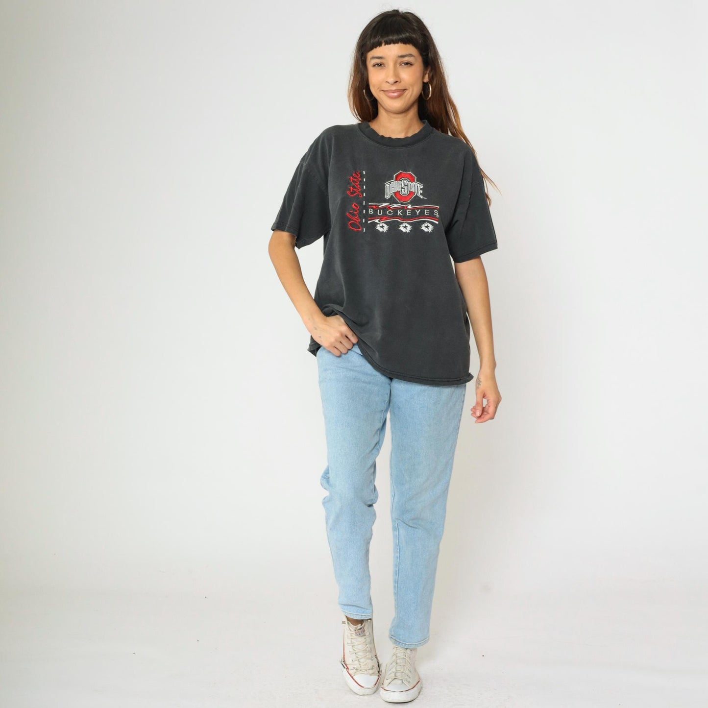 90s Ohio State Buckeyes Embroidered T-Shirt Faded Black Cotton Extra Large XL