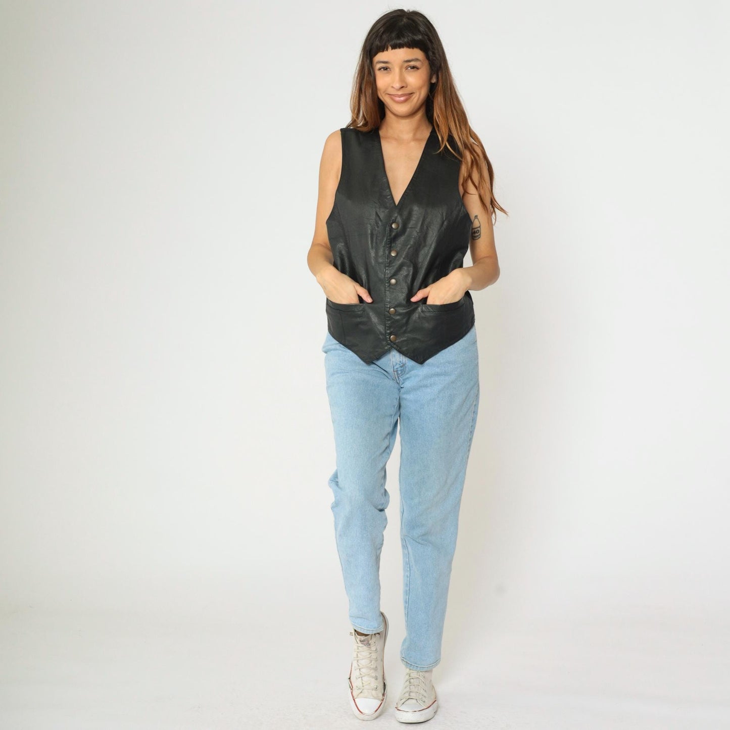 90s Wilsons Leather Biker Vest Black Snap-Up Sleeveless Medium M