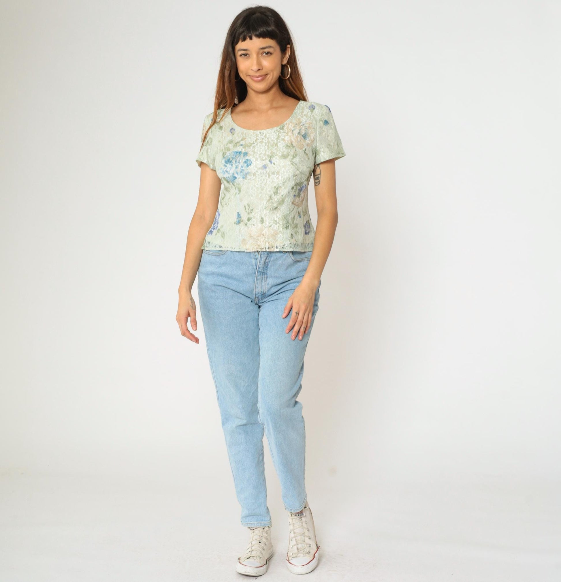 90s Green Floral Lace Blouse Short Sleeve Scoop Neck Button Back Small