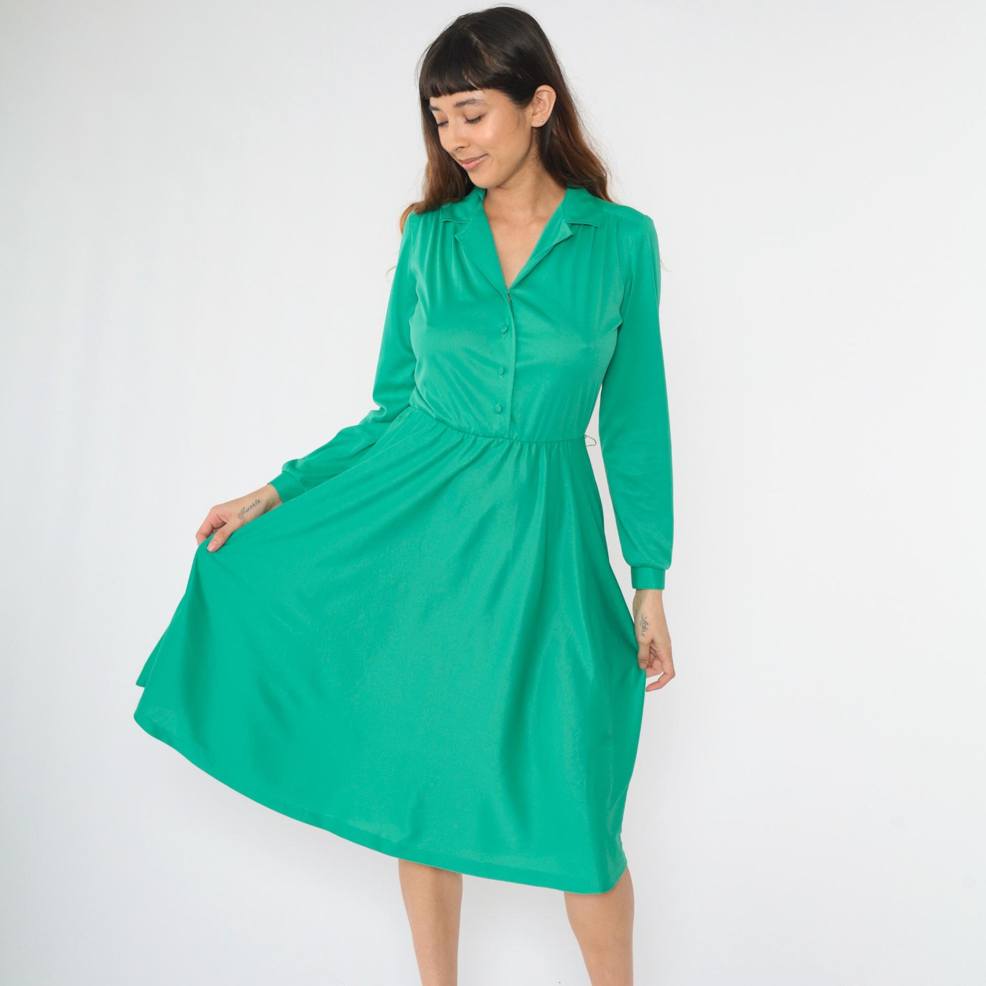 70s Green Midi Shirtdress Button-Up Collar High Waist Long Sleeve Small