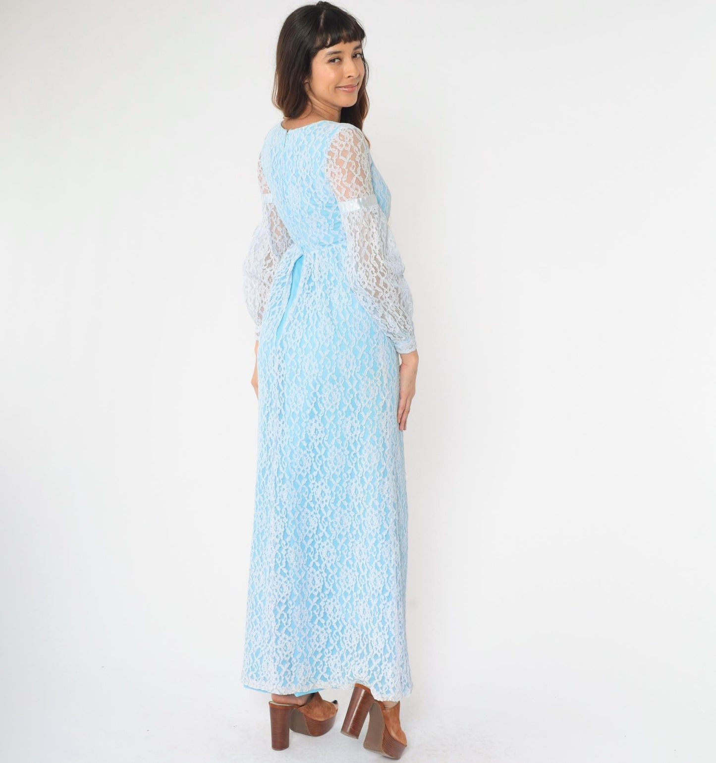 60s Light Blue Lace Maxi Dress Empire Waist Bishop Sleeve XS