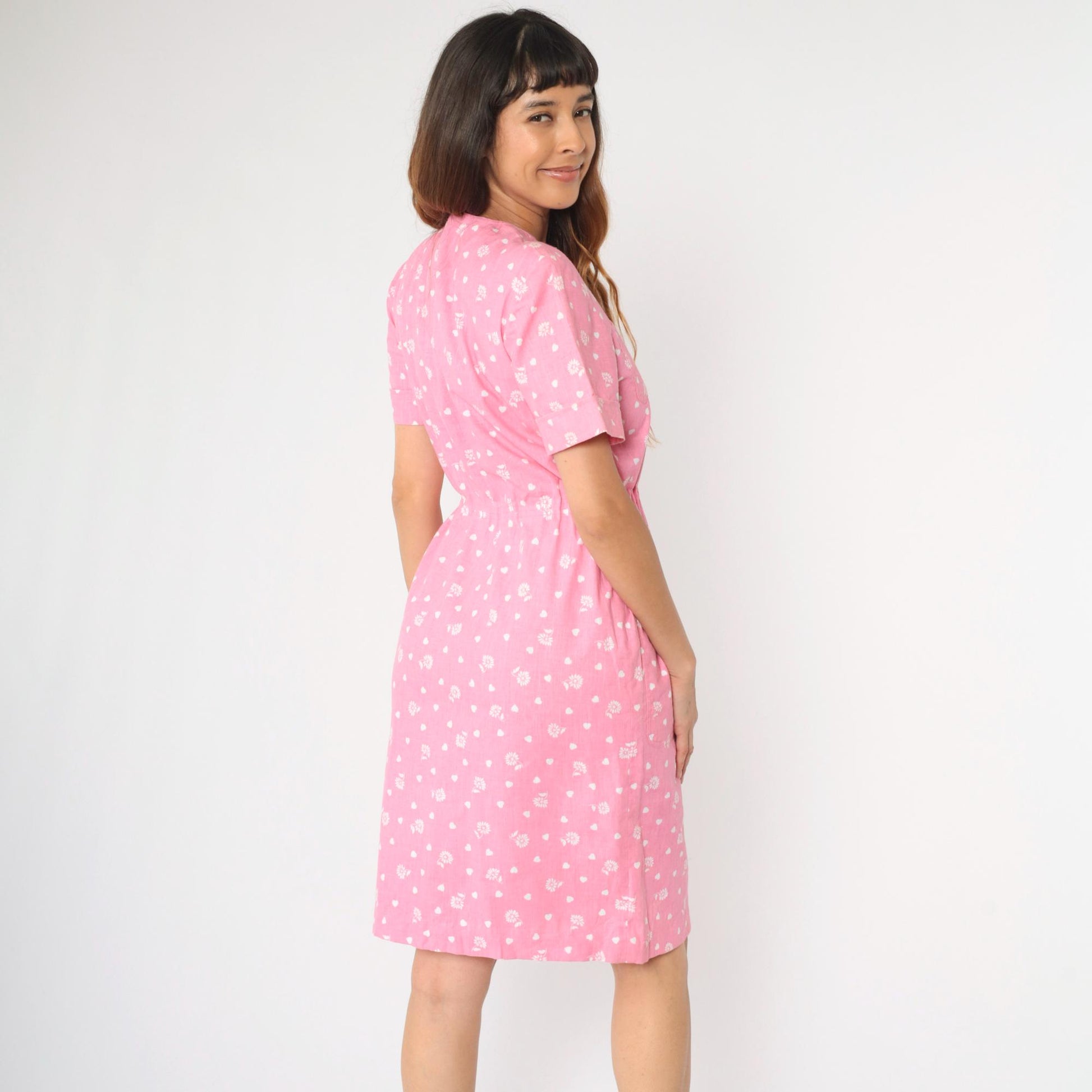 80s Pink Floral Heart Print Shirtdress Button-Up Knee-Length Small