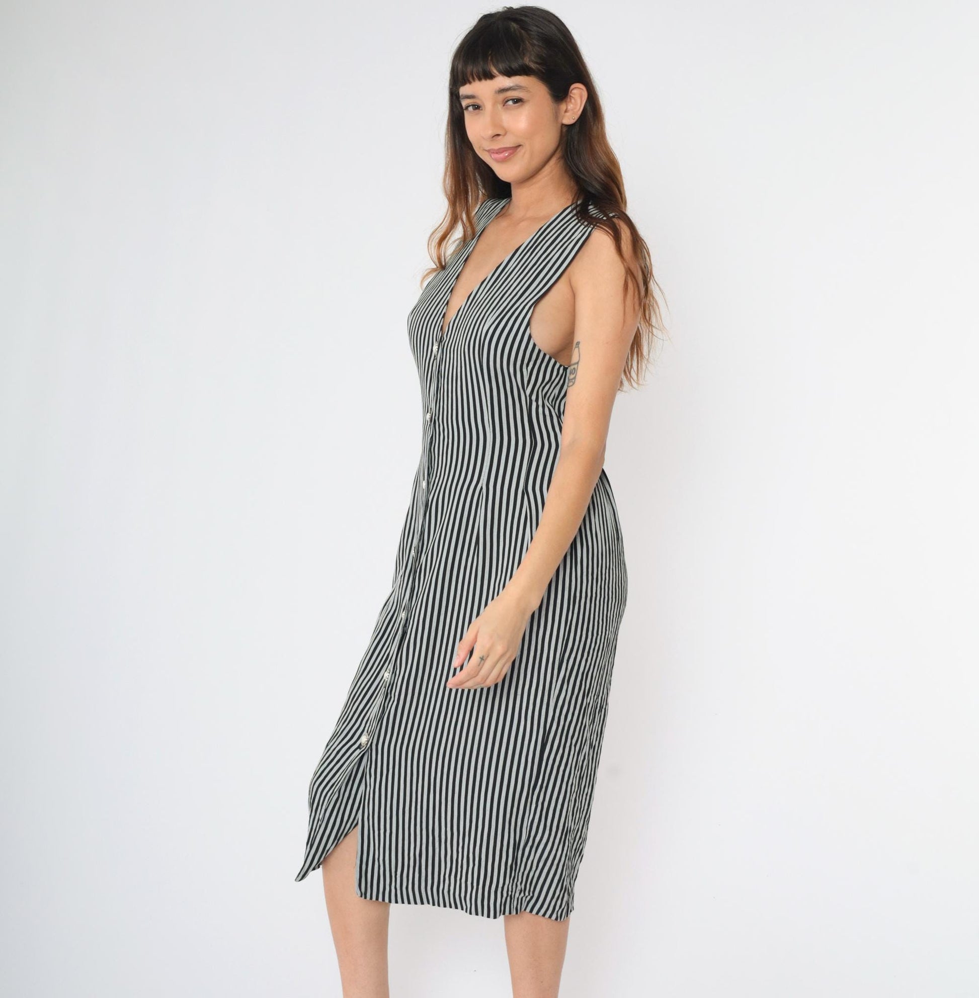 90s Striped Black Grey Sheath Midi Dress Sleeveless V-Neck Button-Up Medium 8