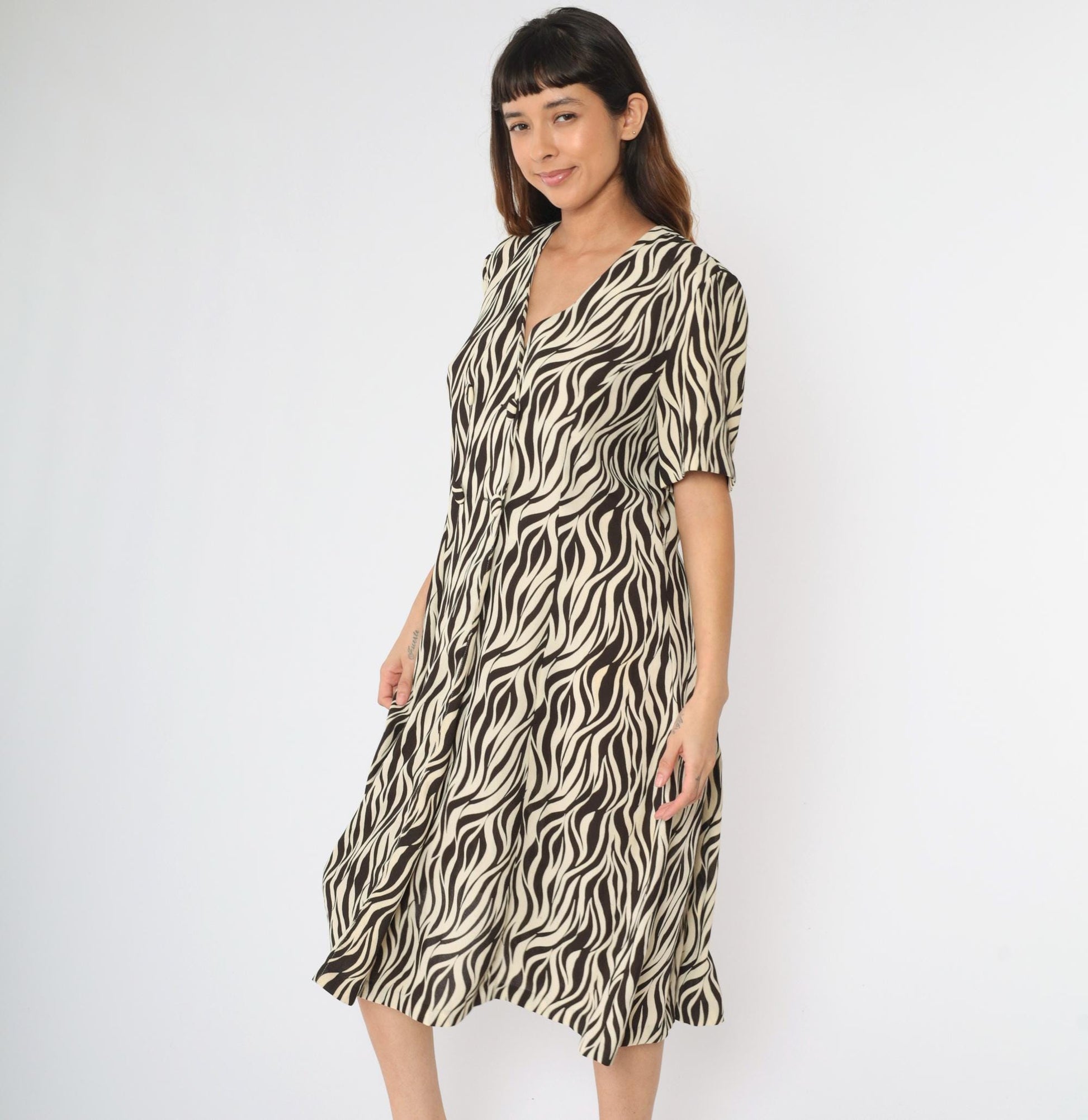 80s Leslie Fay Zebra Print Midi Shirtdress Brown Cream Double-Breasted Extra Large