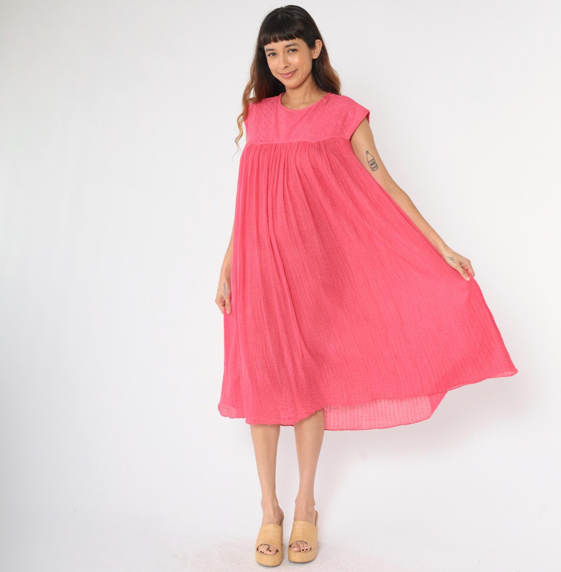 80s Pink Gauze Trapeze Dress Floral Embroidered Sleeveless Midi One Size