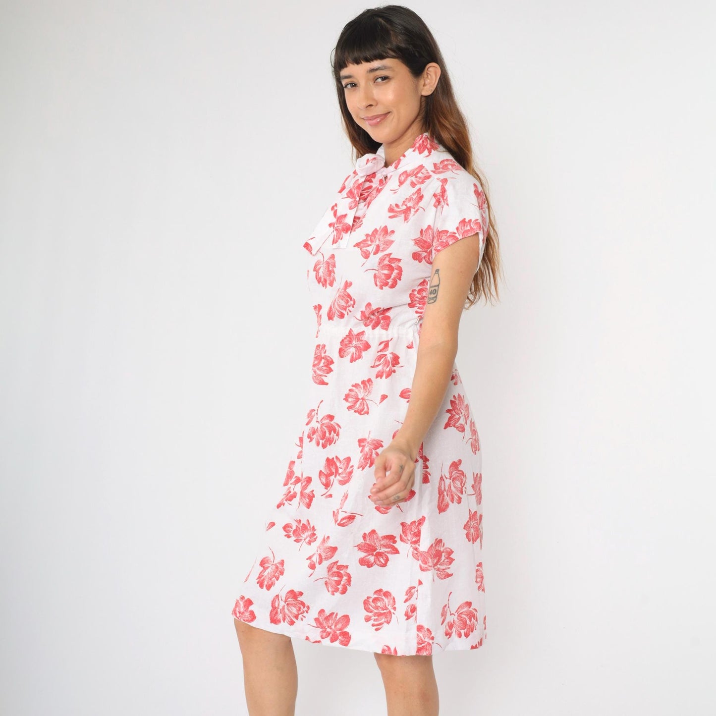 70s Red Floral White Midi Dress High Neck Bow Cap Sleeve Small