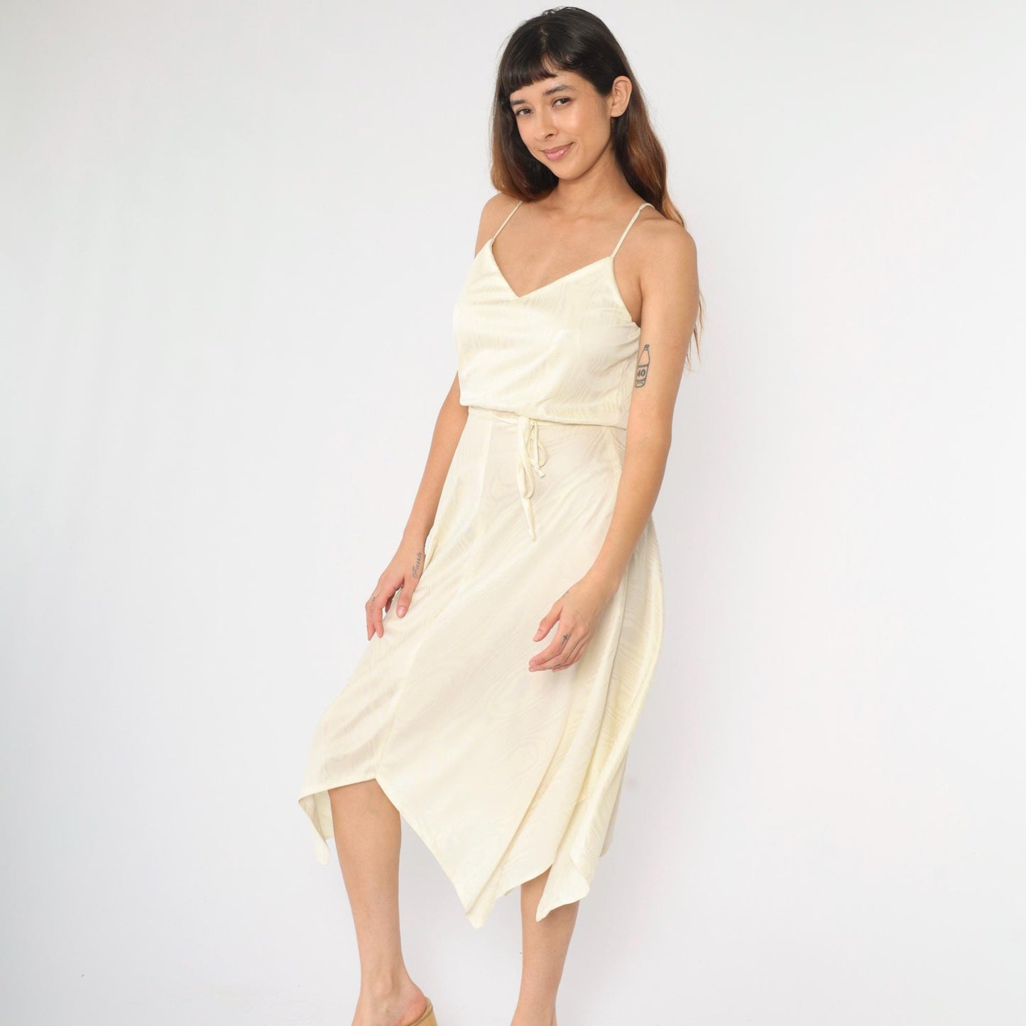 70s Cream Spaghetti Strap Midi Dress Hanky Hem High Waist Small