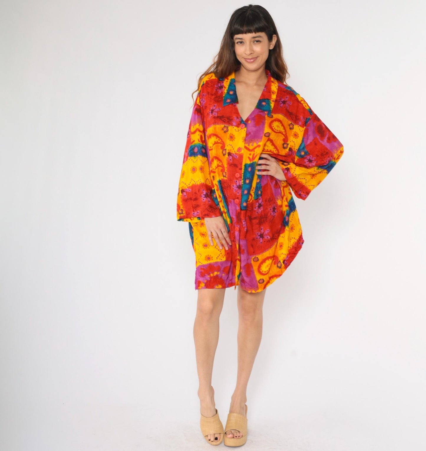 90s C.S.T. Studio Patchwork Paisley Floral Button-Up Tunic Plus Size Red Yellow XXL