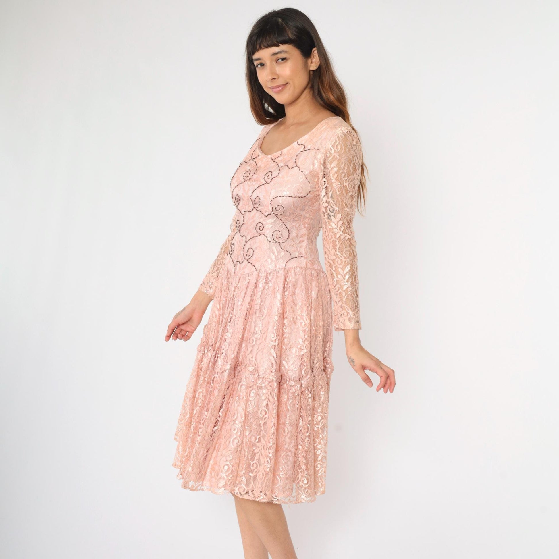 1960s Pink Lace Midi Dress Beaded Floral Scoop Neck Drop Waist Medium