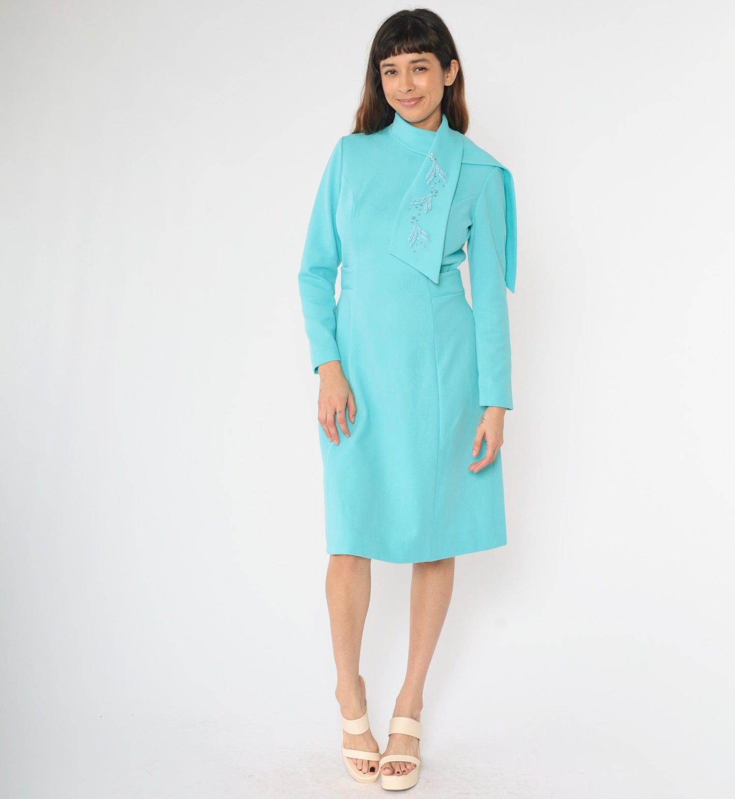 60s Alfred Werber Mod A-Line Dress Aqua Beaded Long Sleeve Midi Medium M