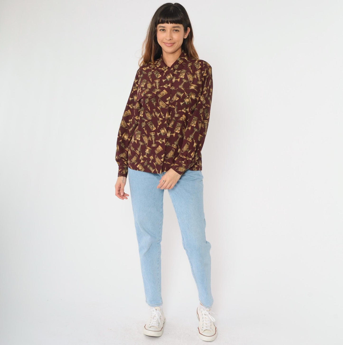 90s Jones New York Chalice Print Blouse Burgundy Gold Button Up Medium M