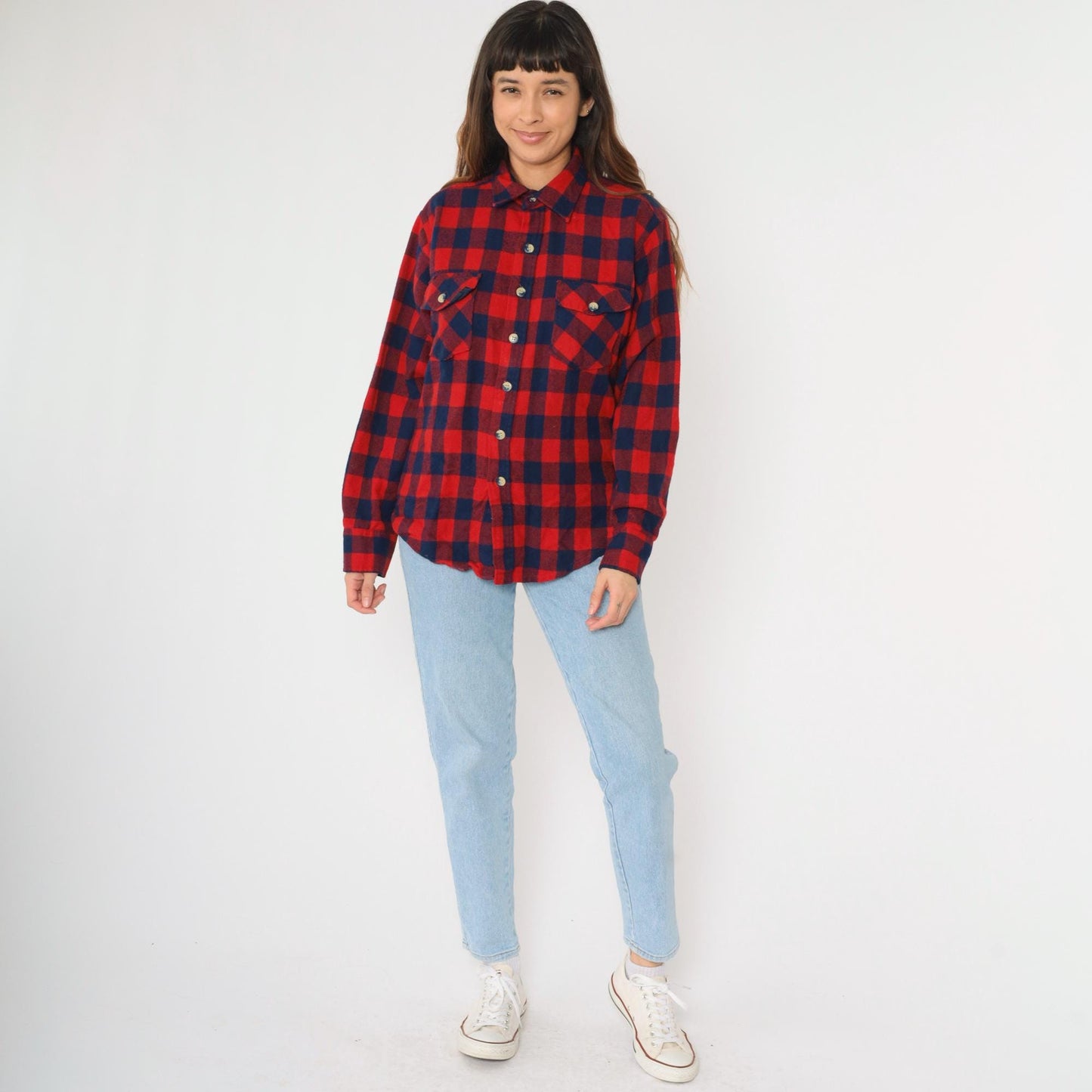 80s Buffalo Plaid Flannel Shirt Navy Red Men's Large Button Up Long Sleeve