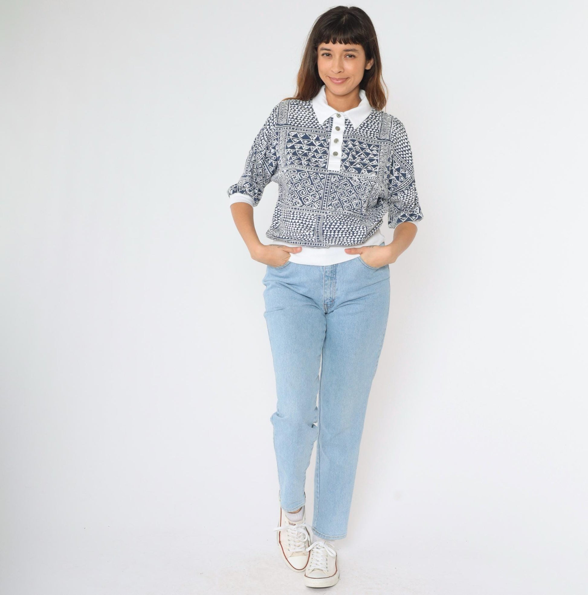 90s Drapers & Damons Geometric Patchwork Polo Shirt Navy White Dolman Medium
