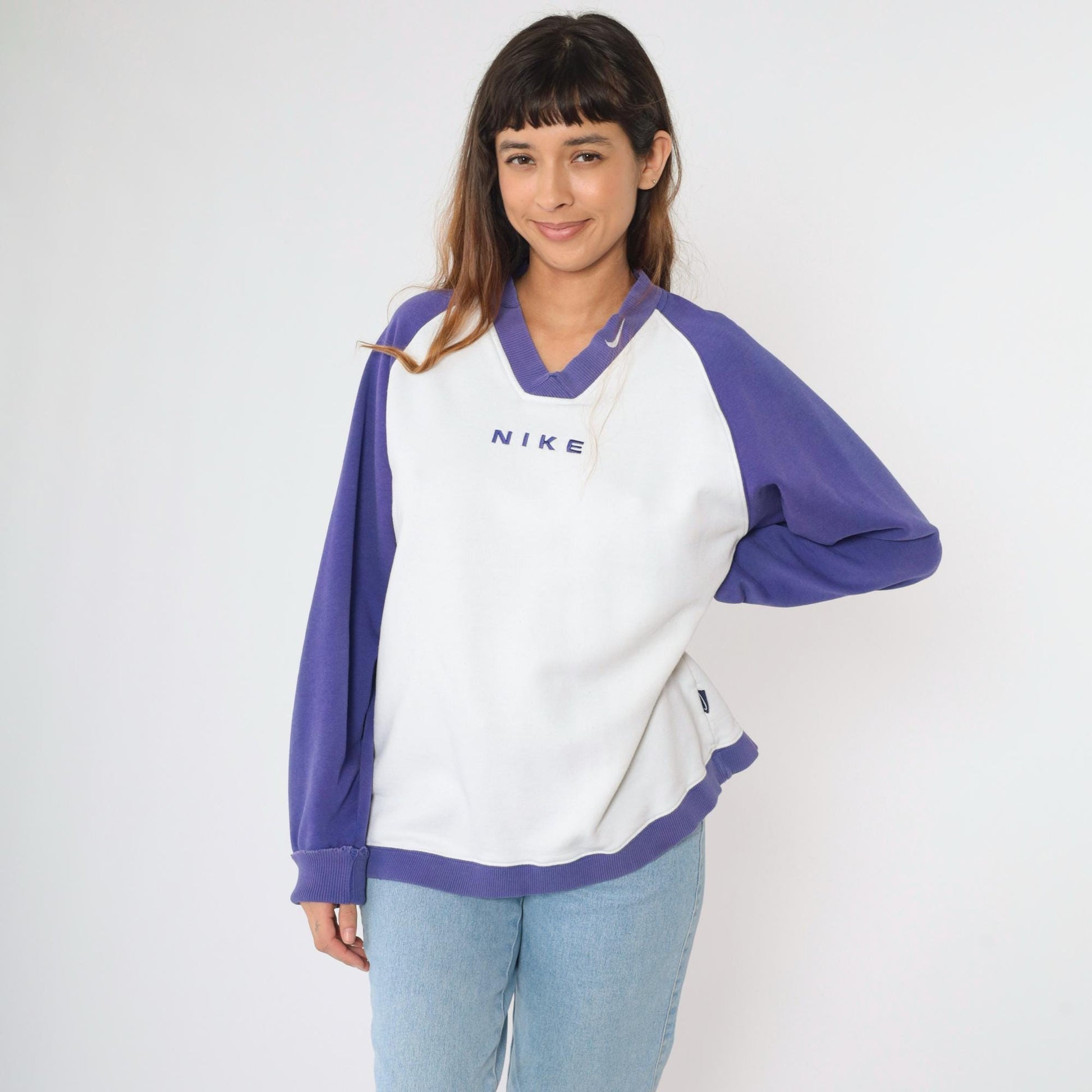 90s Nike V-Neck Sweatshirt Purple White Colour Block Raglan Large