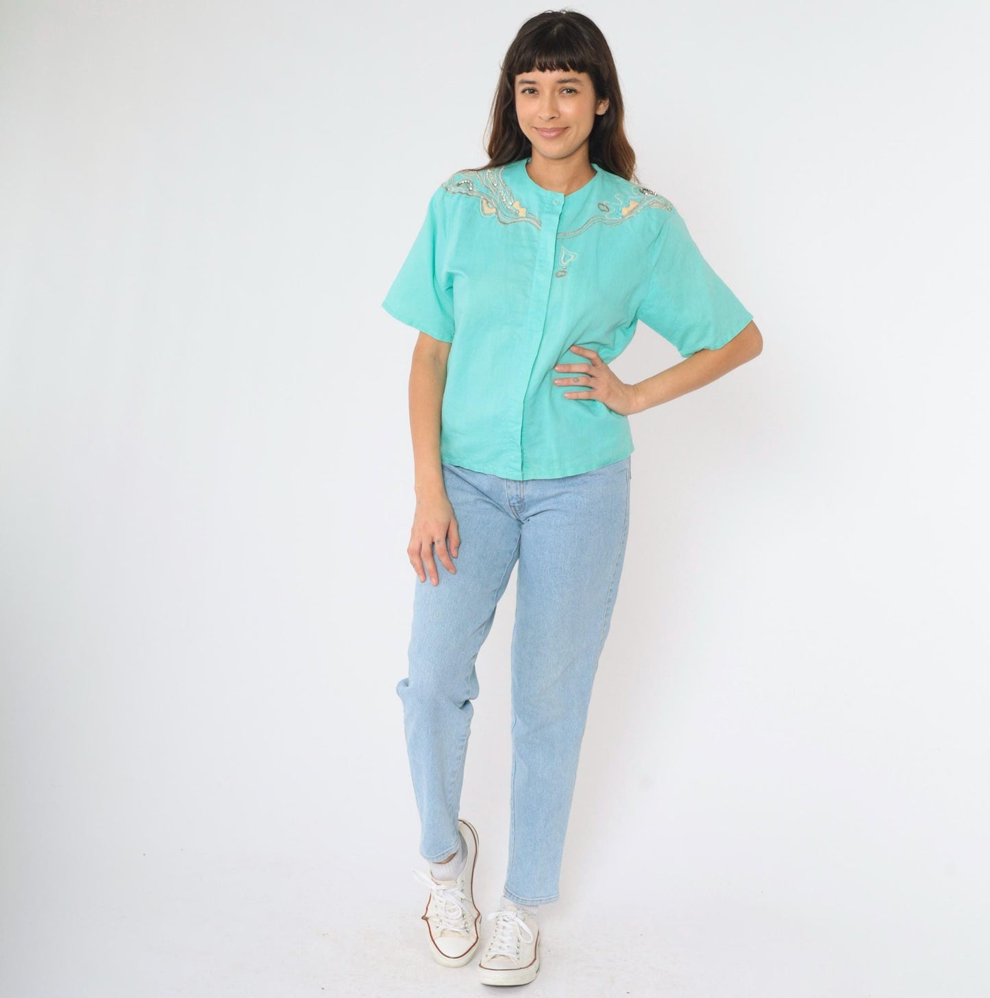 90s Aqua Sequin Rhinestone Embroidered Button Up Blouse Short Sleeve Medium M