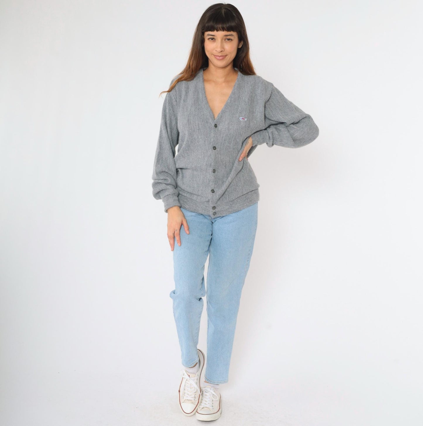 80s The Turtle Sweater Grey Cardigan V-Neck Button-Up Large
