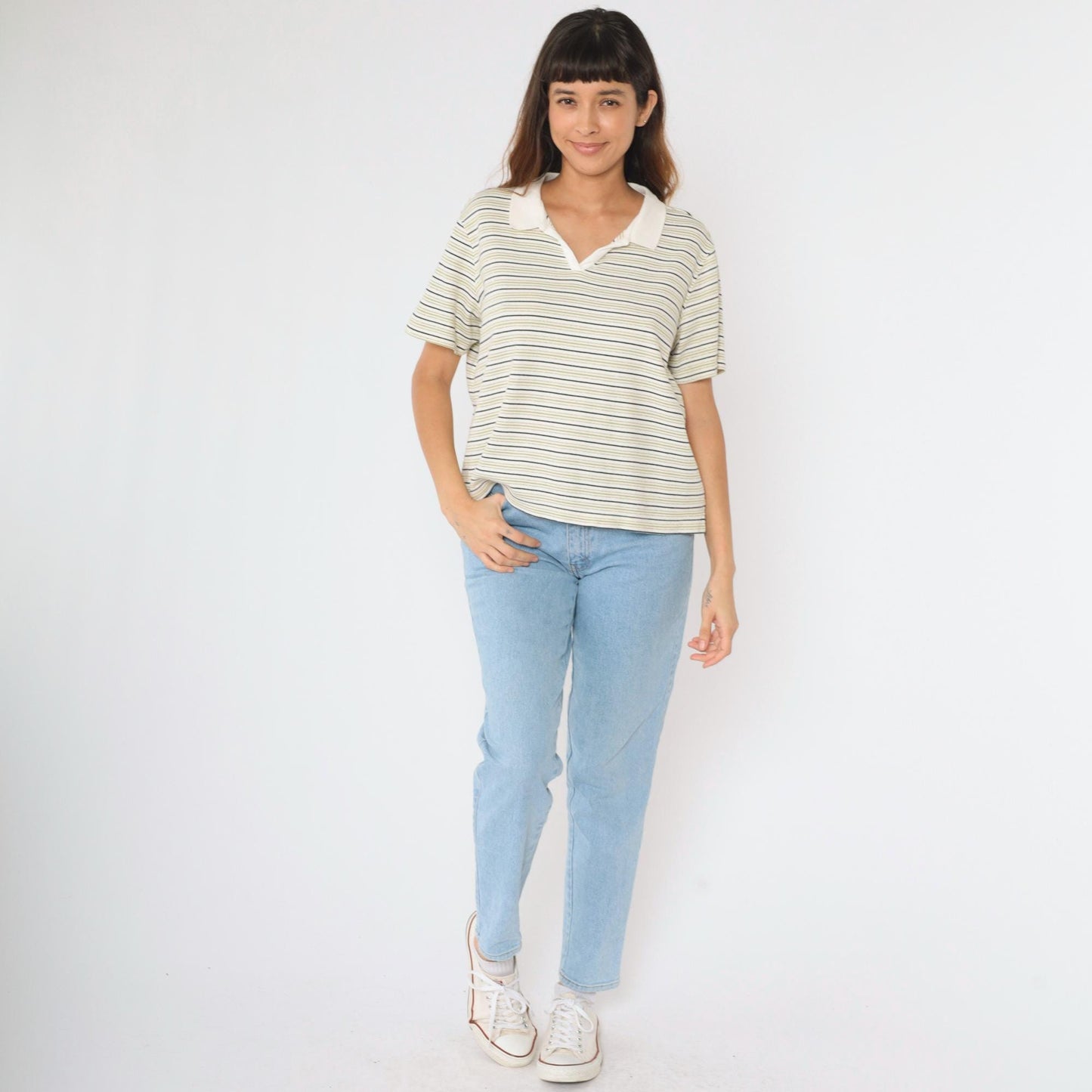 Y2K Metallic Striped Johnny Collar Shirt White Gold Green Plus Size XXL