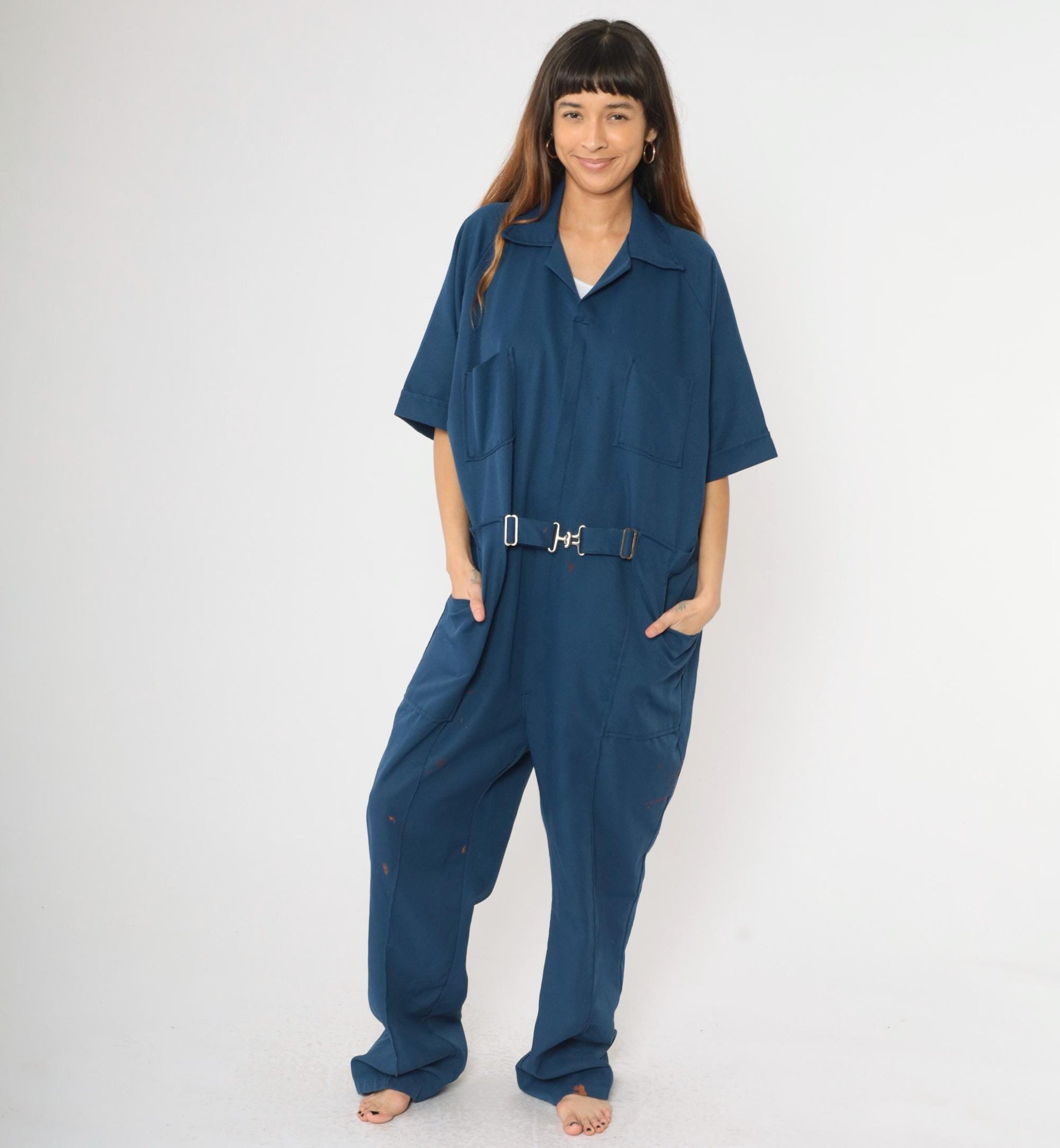 70s Dark Blue Utility Coveralls Straight Leg Zip Boiler Suit Men's Extra Large