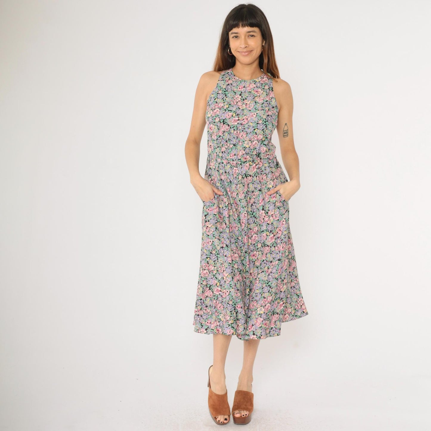 90s Ed Michaels Floral Midi Dress Pink Purple Sleeveless Small