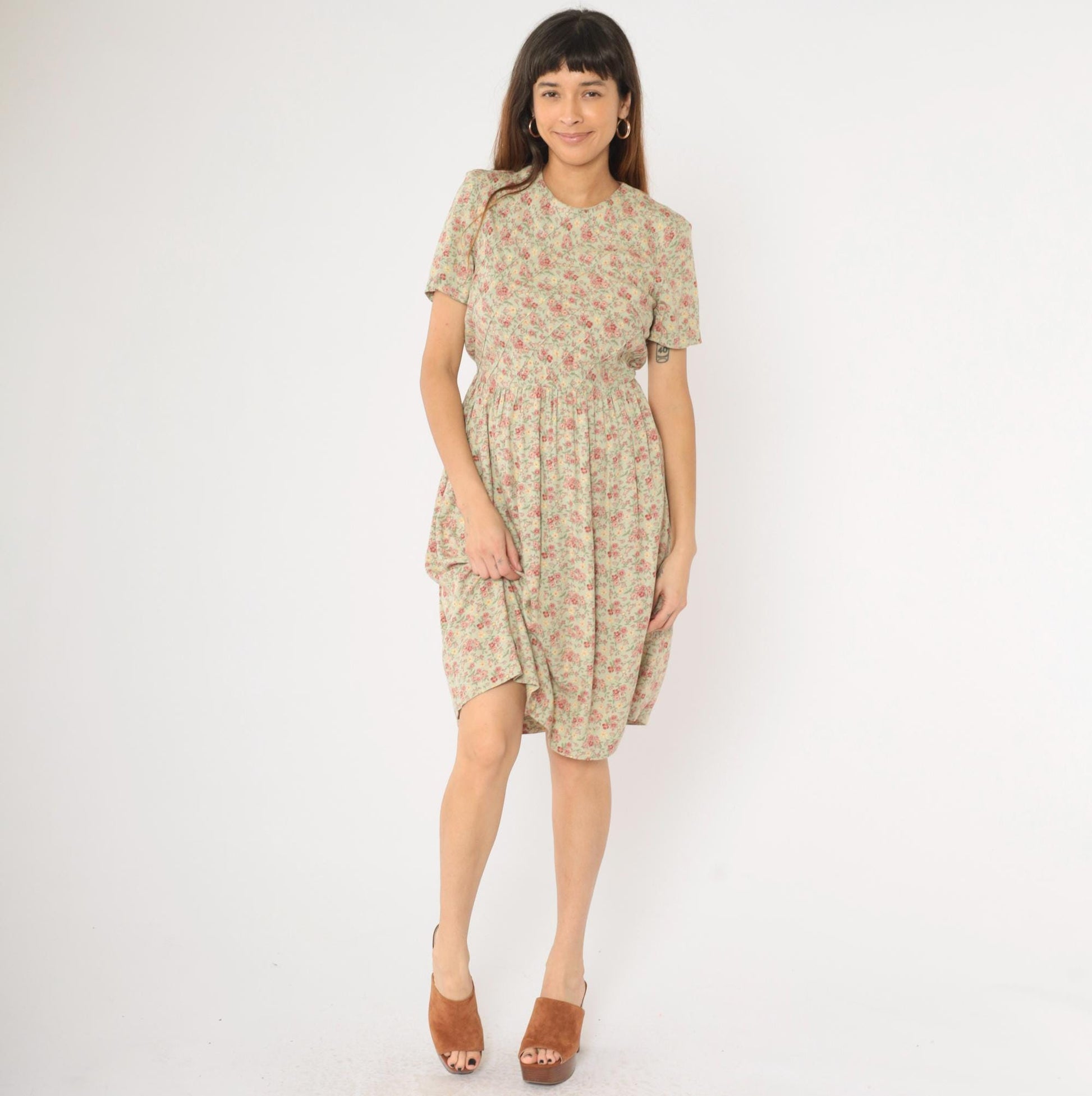 90s Betsy Lauren Petites Floral Midi Dress Pastel Green Pink Pintuck Small