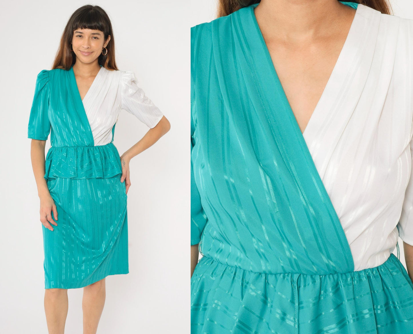 80s Sally Lou Teal Green Striped Peplum Midi Dress Puff Sleeve Small