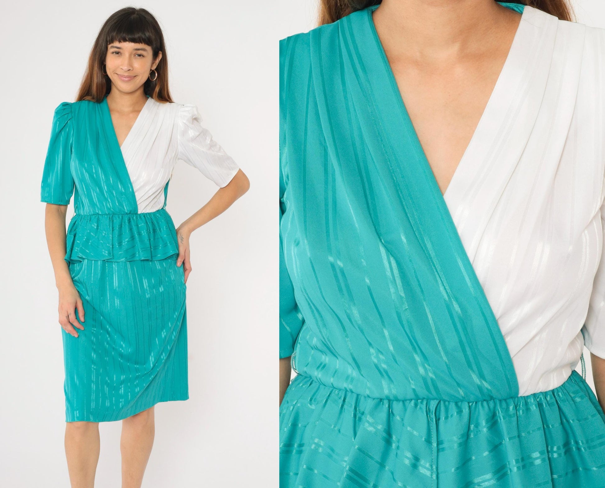 80s Sally Lou Teal Green Striped Peplum Midi Dress Puff Sleeve Small