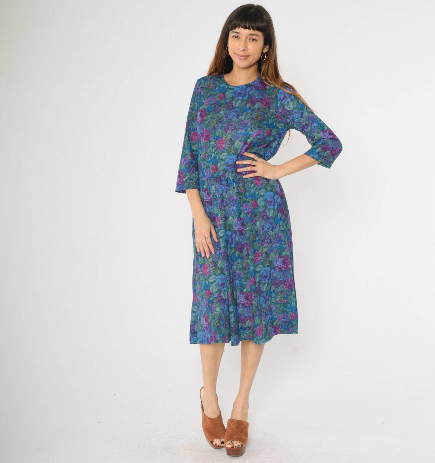 80s Floral Rose Print Midi Dress Long Sleeve Low Waist Blue Purple Green Medium