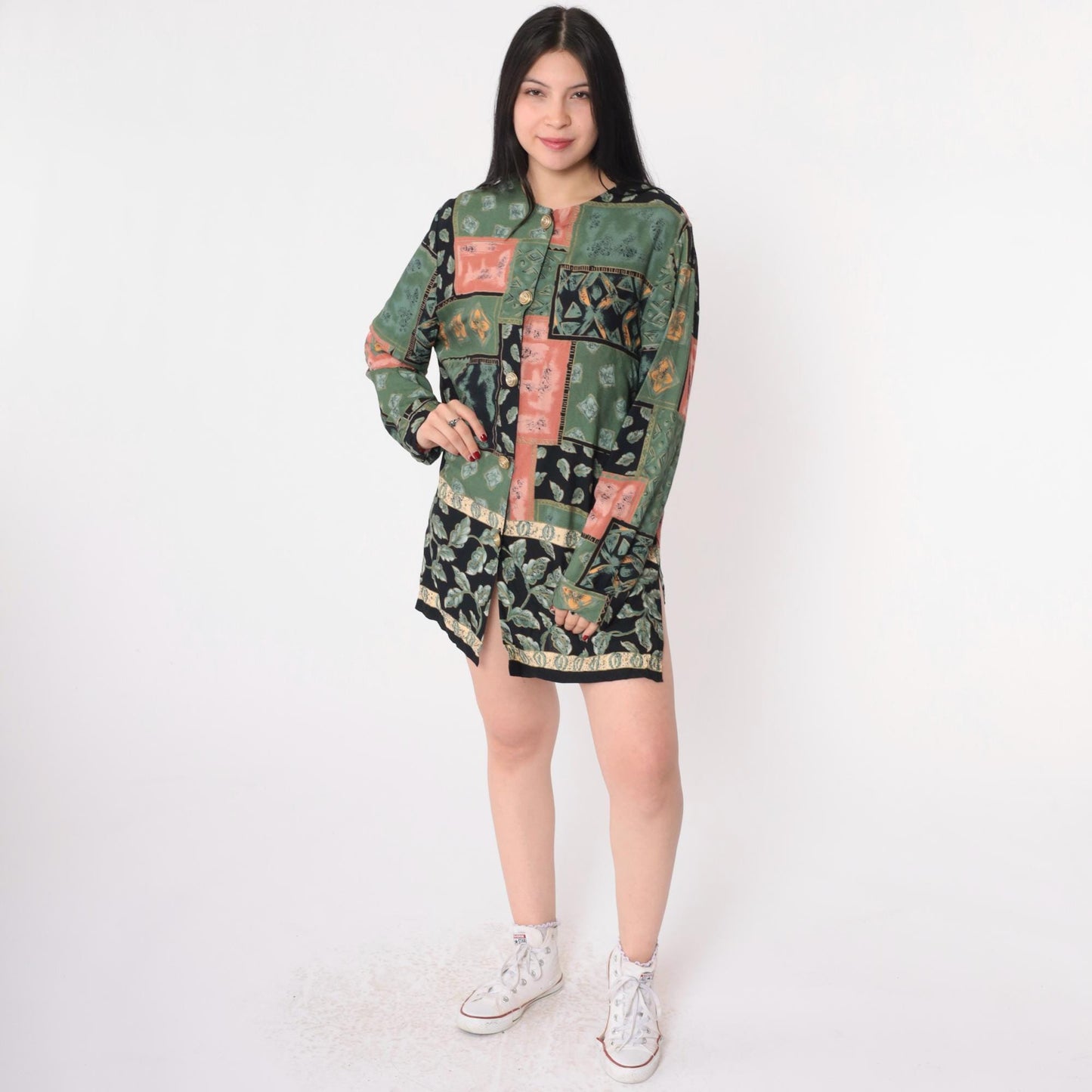 90s Patchwork Mini Dress Button-Up Long Sleeve Green Black Coral Medium M