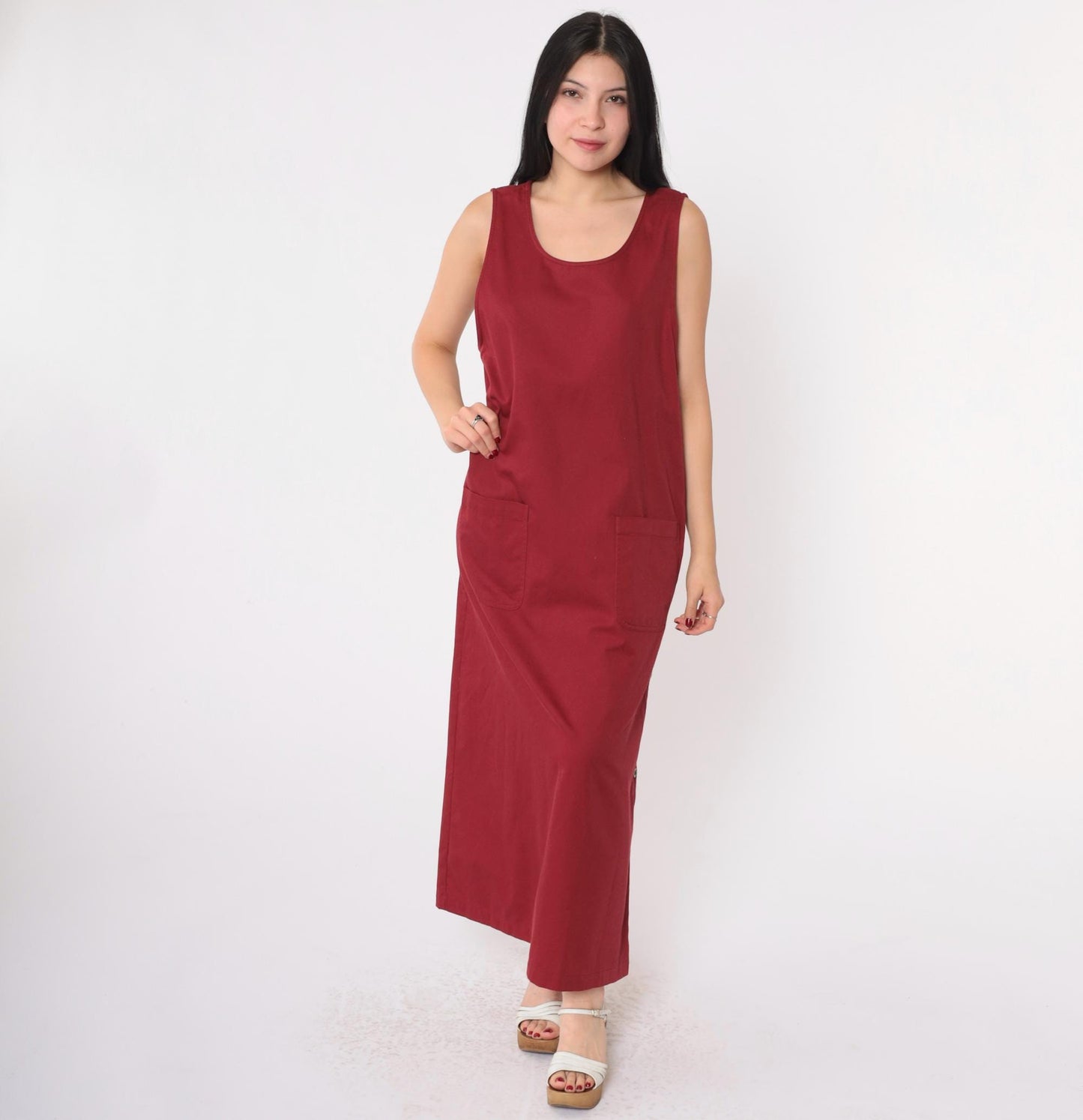 Y2K Burgundy Maxi Jumper Dress Sleeveless Button Side Pockets Medium M
