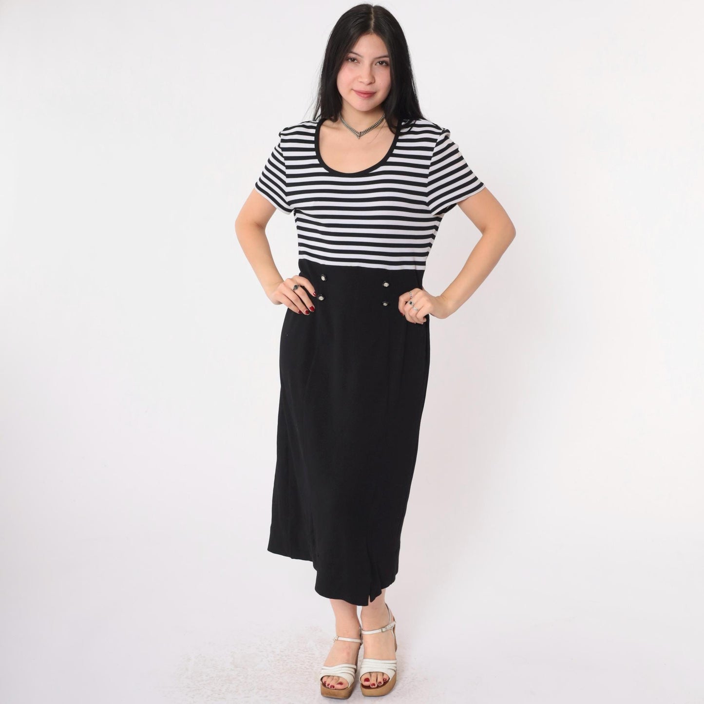 Y2K Black and White Striped Midi Dress Double-Breasted Scoop Neck Medium
