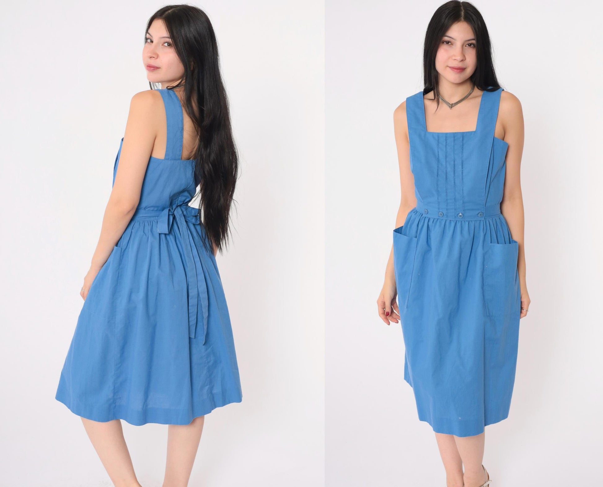 80s Lanz Originals Blue Cotton Pinafore Dress Cutwork Square Neckline Small