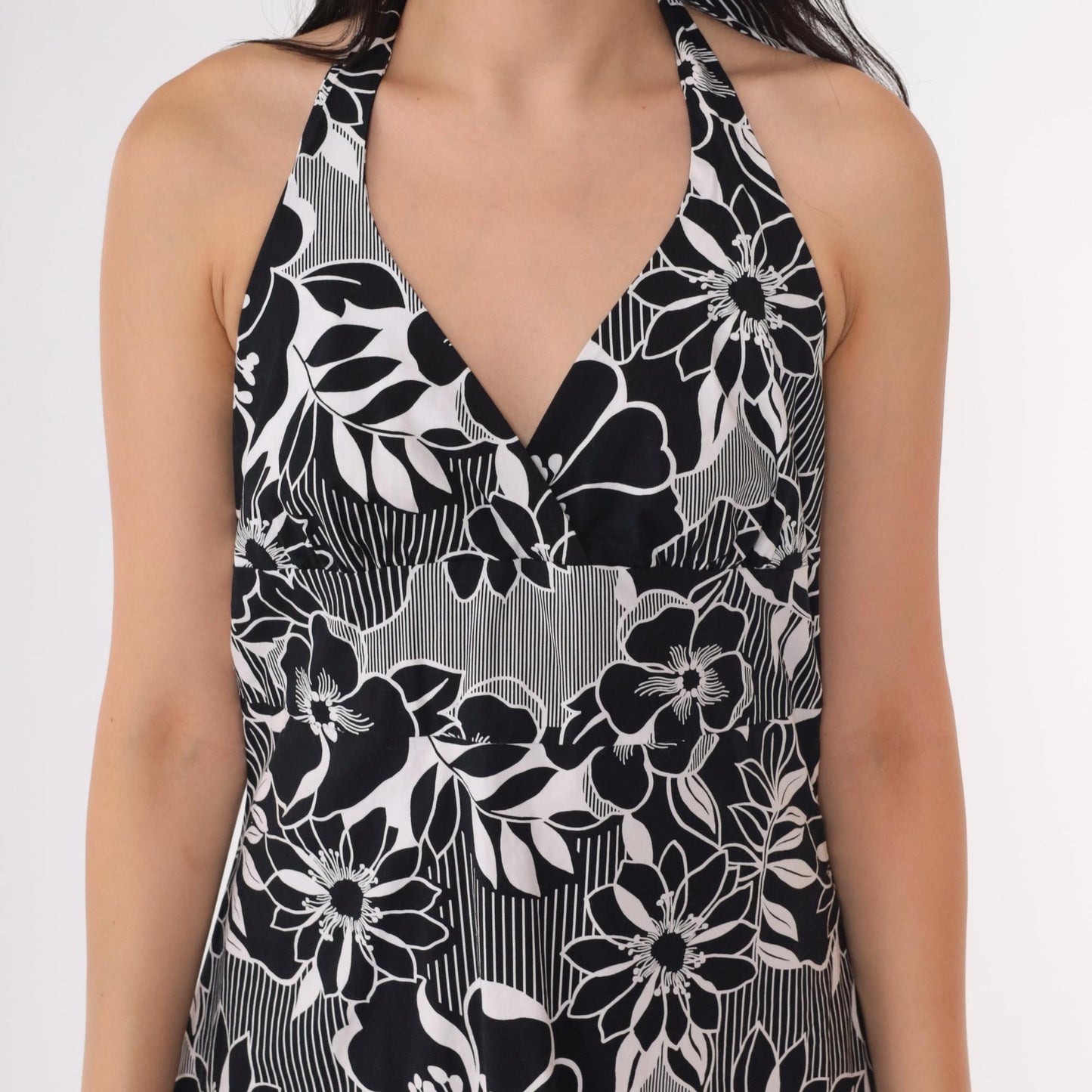 Y2K Floral Halter Mini Dress Black White Empire Waist Backless Small