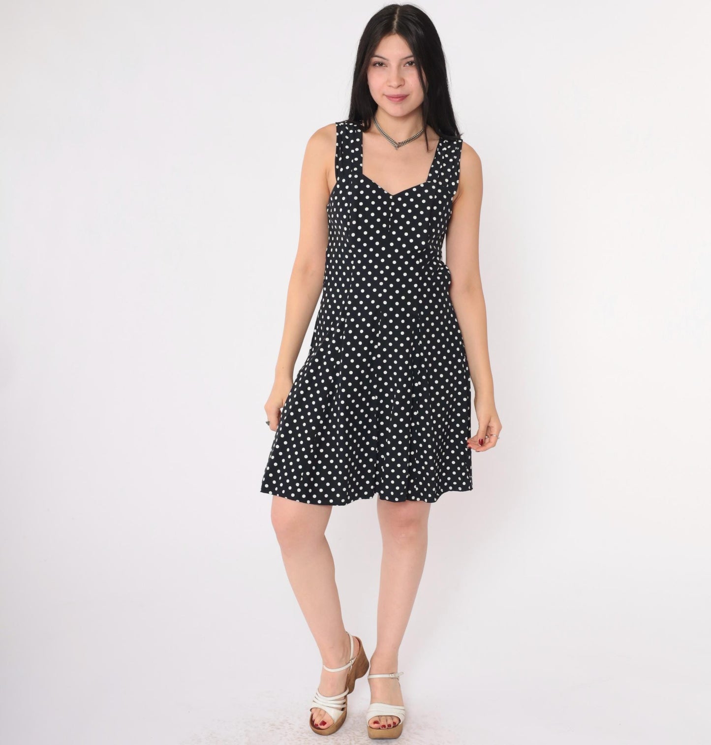 90s Black White Polka Dot Mini Dress Keyhole Back Smocked Sundress Small