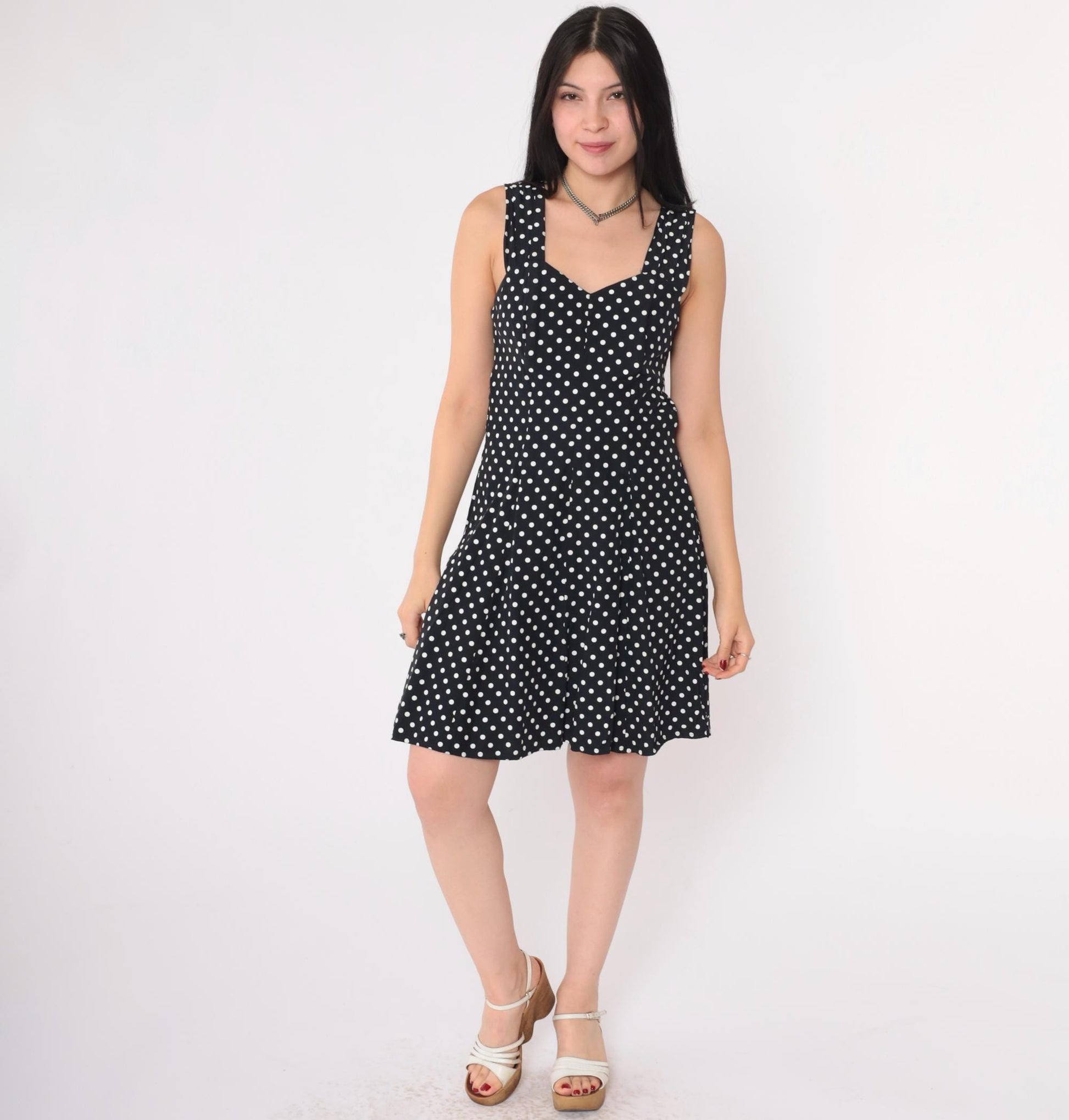 90s Black White Polka Dot Mini Dress Keyhole Back Smocked Sundress Small