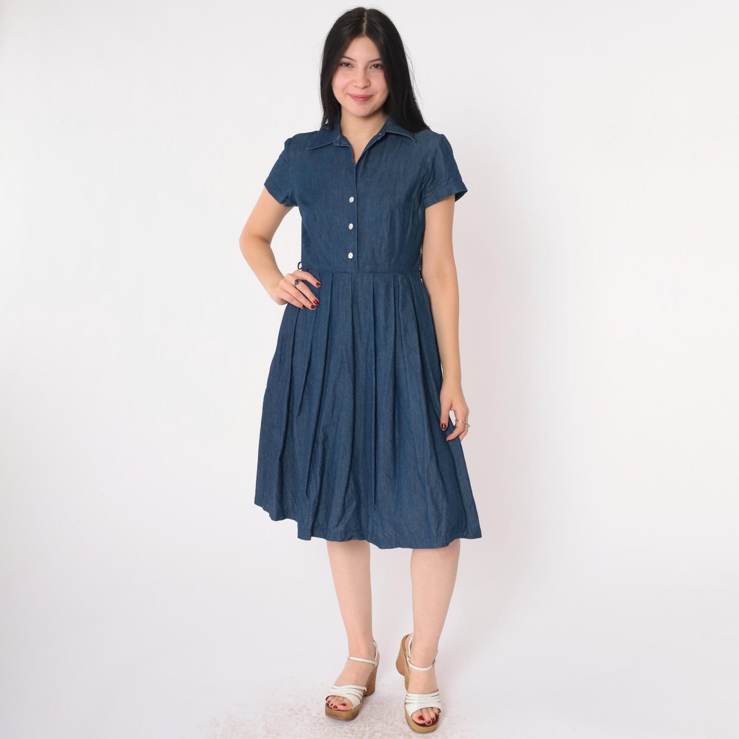 90s Talbots Petite Denim Shirtdress Knee-Length Pleated Dark Blue Cotton Size 2