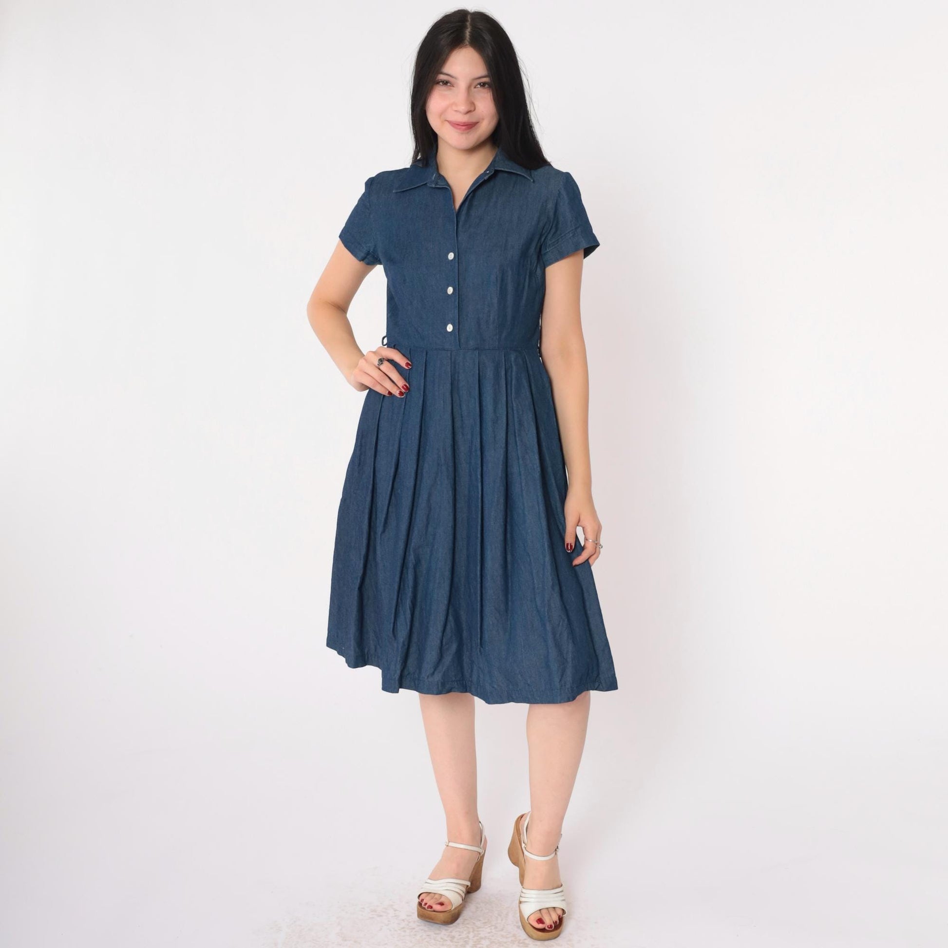 90s Talbots Petite Denim Shirtdress Knee-Length Pleated Dark Blue Cotton Size 2
