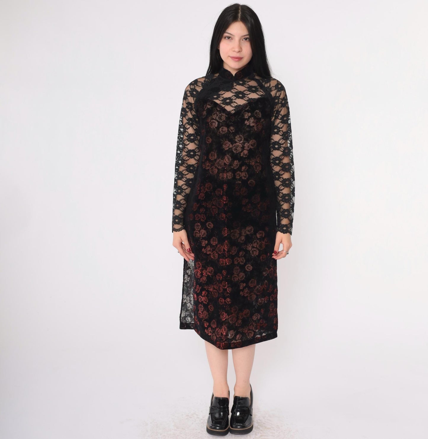 00s Ao Dai Dress Burnout Velvet Floral Mandarin Collar Black Lace Extra Small