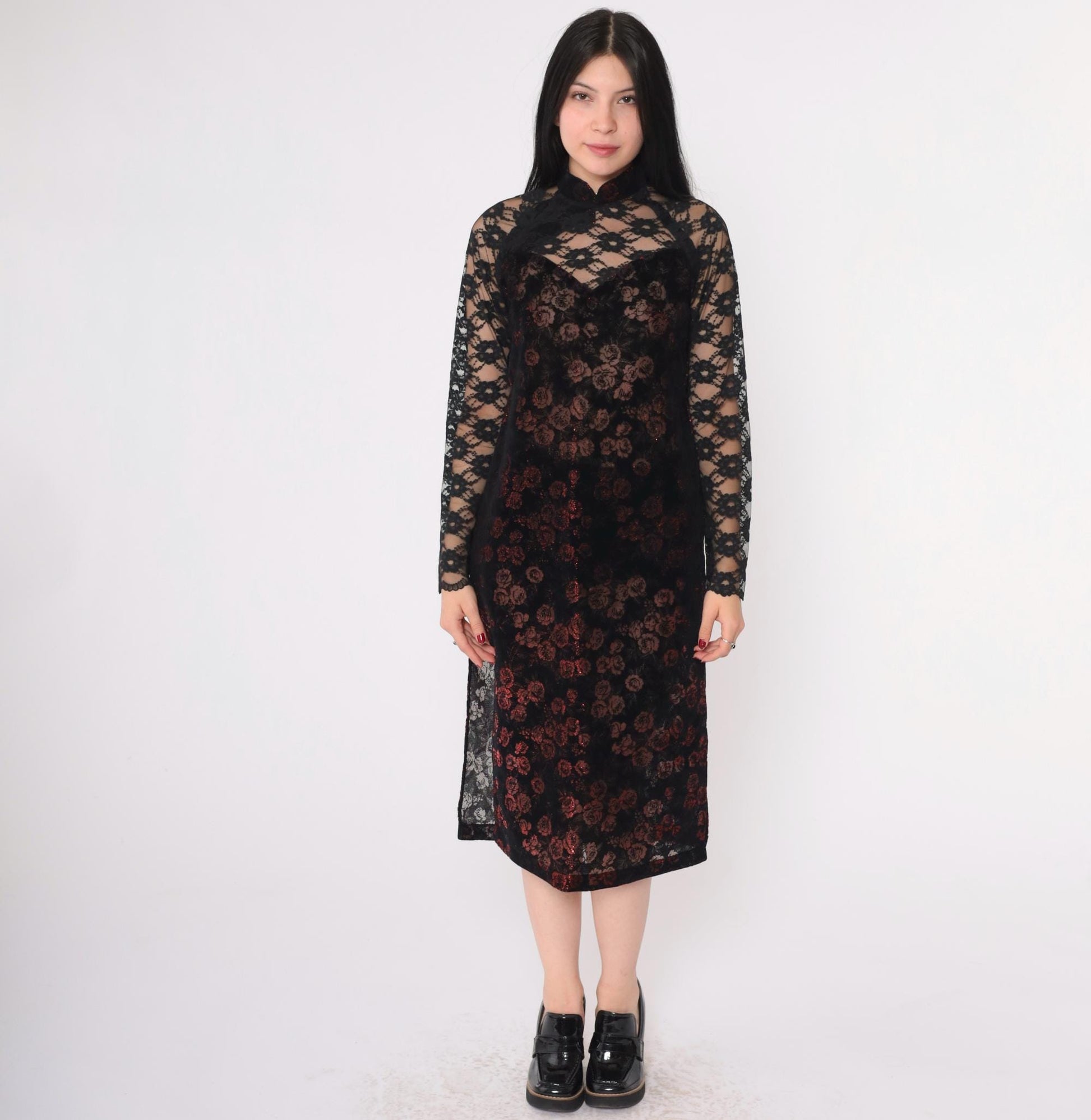 00s Ao Dai Dress Burnout Velvet Floral Mandarin Collar Black Lace Extra Small