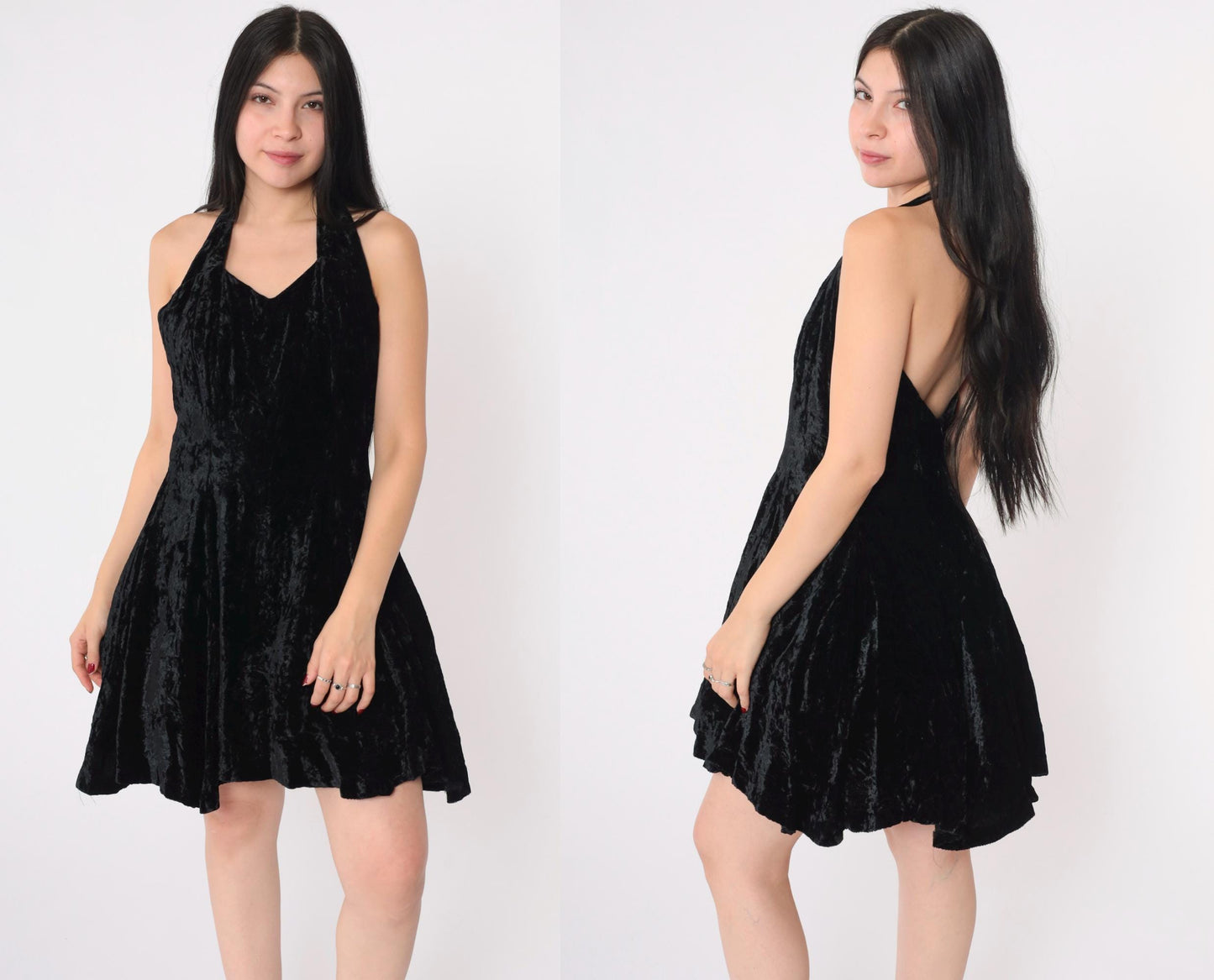 80s Positively Ellyn Black Velvet Halter Mini Dress Sweetheart Neckline Medium