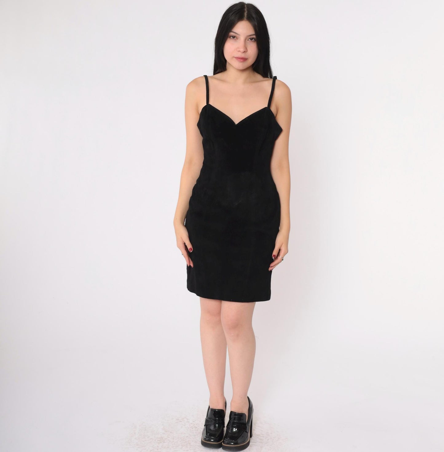 80s Wilsons Leather Black Suede Mini Dress Bodycon Sweetheart Neckline Small