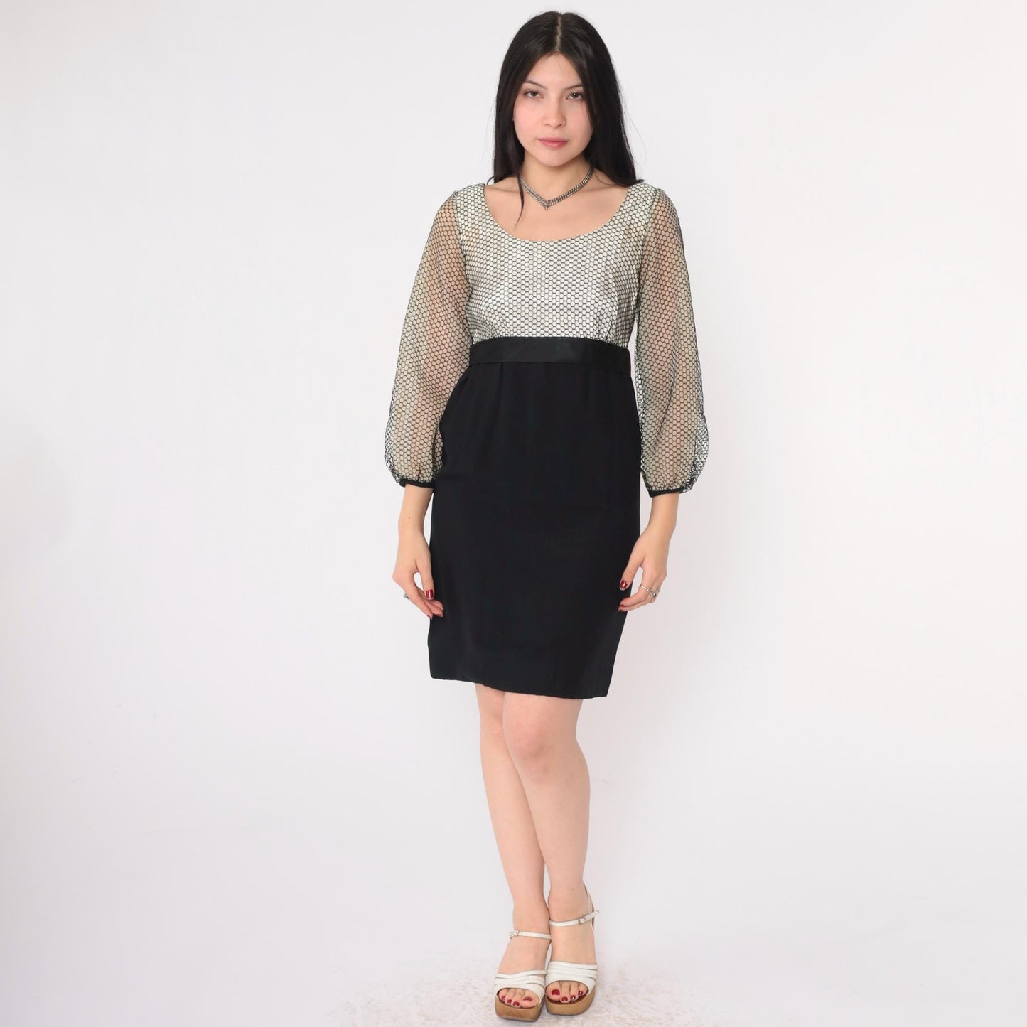 60s Black White Honeycomb Mesh Party Dress High Waist Bow Mini Small