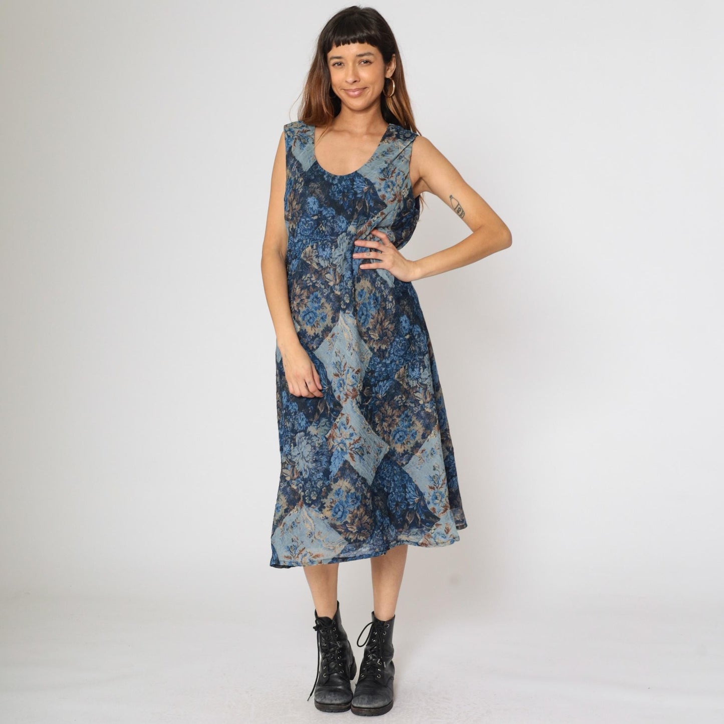 90s K Studio Patchwork Floral Midi Dress Blue Sleeveless Scoop Neck Size 18