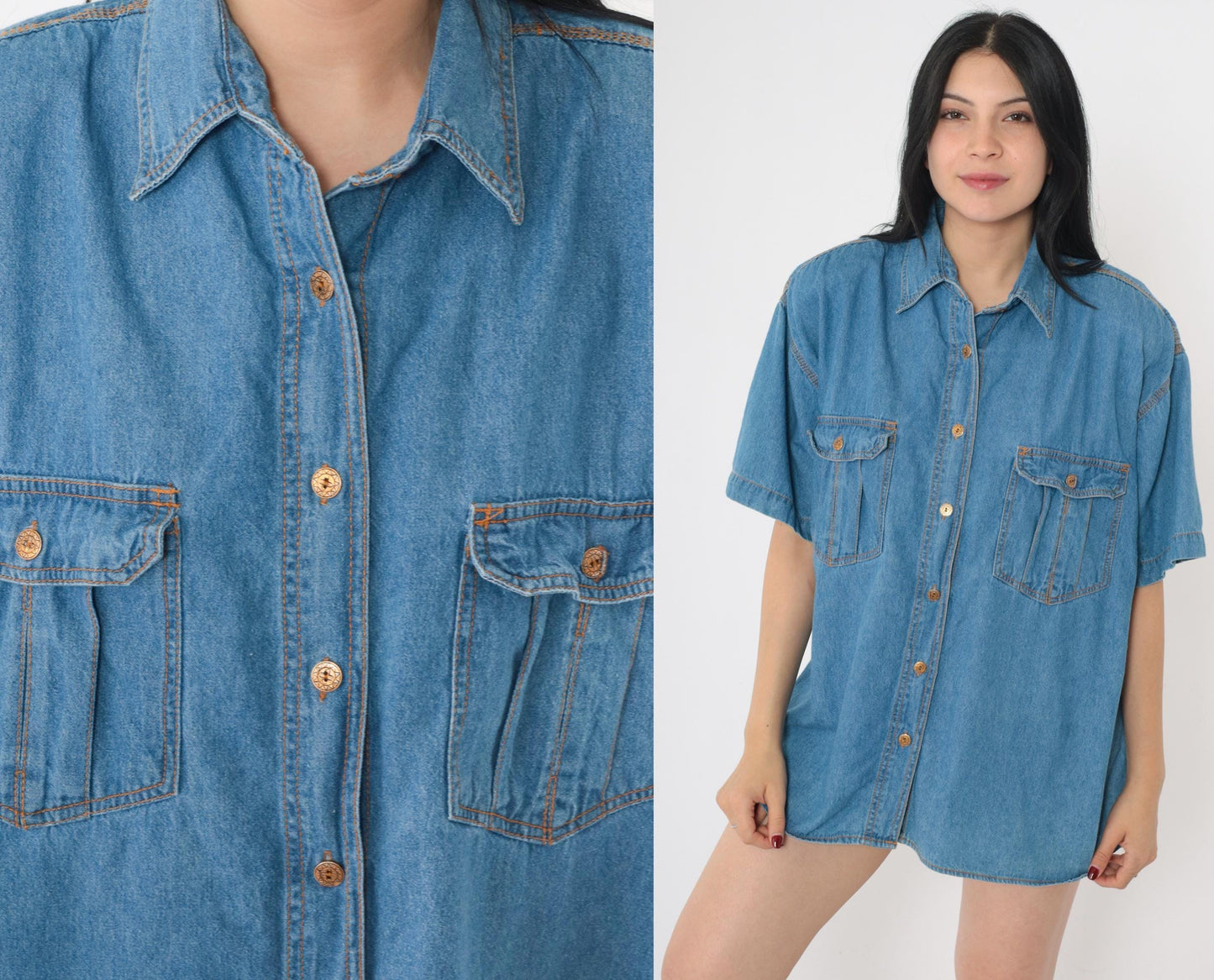 90s Blue Denim Button-Up Shirt Short Sleeve Collared Cotton Medium