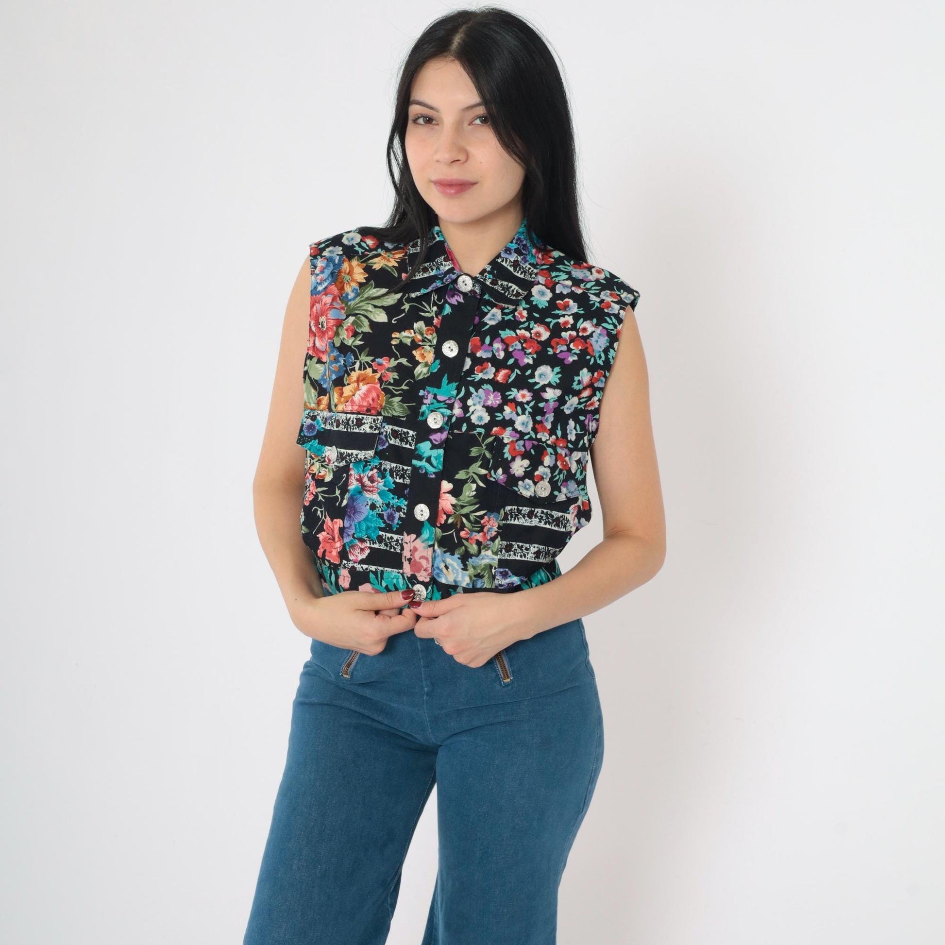 90s Cotton Express Floral Patchwork Crop Top Sleeveless Button-Up Medium